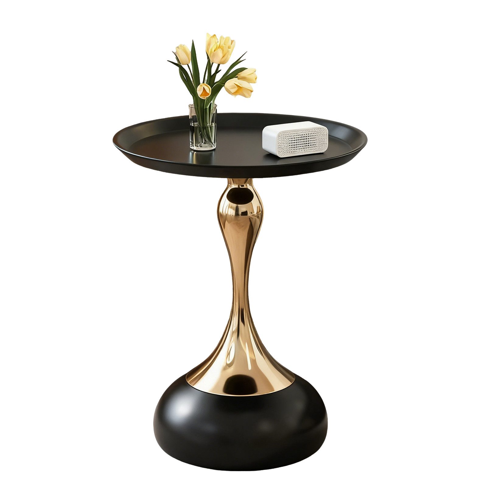 TWSOUL Couchtisch Runder Modern Beistelltisch, Metall Luxus Nachttisch Kaffeetisch, 55*Ø40cm, für Wohnzimmer Schlafzimmer Balkon, Cremeweiß/schwarz