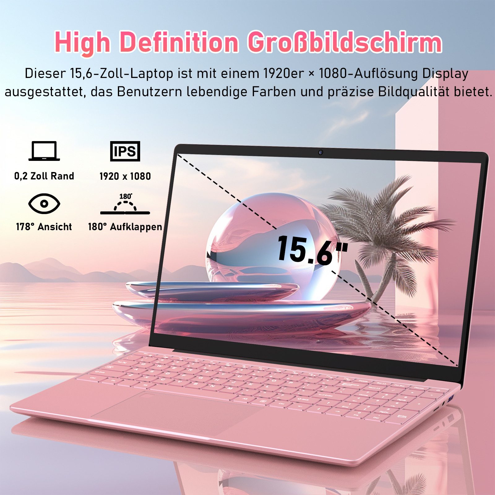 Auusda 15,6 Zoll Full-HD Laptop,16/32 GB DDR4 RAM 512GB/1TB SSD Notebook (39,6 cm/15.6 Zoll, Intel Alder Lake N95, 16 GB, 512 GB SSD, 1920x1080, Basisfrequenz 1,7 GHz, bis zu 3,4 GHz) rosa
