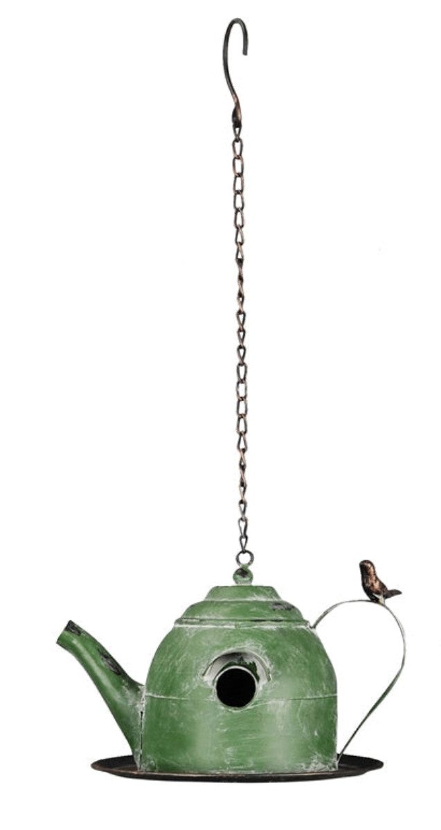 finehomegarden Nistkasten Vogelhaus Metall zum Hängen Teekanne Deko Ø32x22cm H17cm, Garten grün/bordo 2Farben wählbar