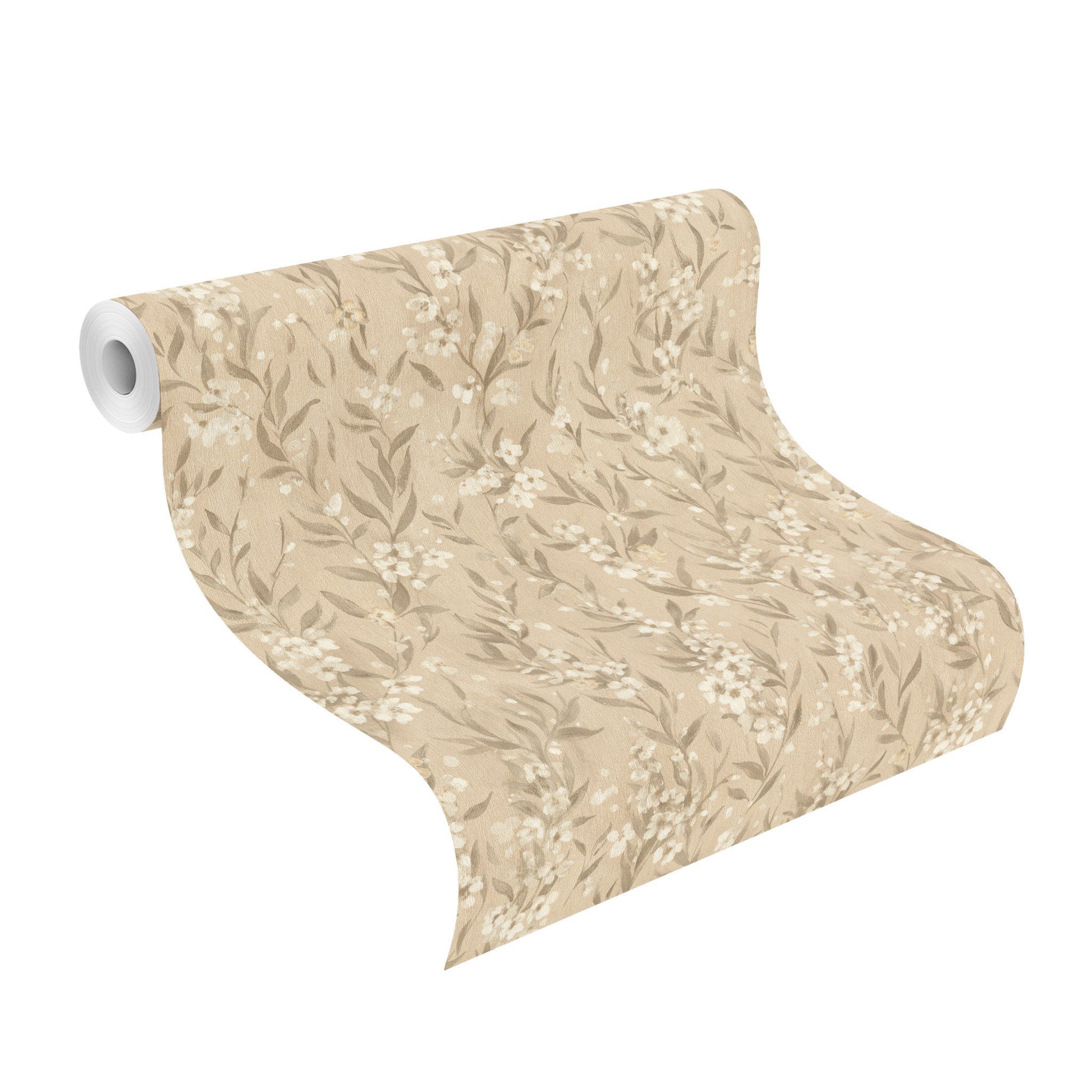 Rasch Vliestapete mit Kirschblüten in Beige - Vliestapete floral - Noble Zen, strukturiert, floral, natürlich, botanisch, geblümt, (1 Rolle, 1 St), Kirschblume