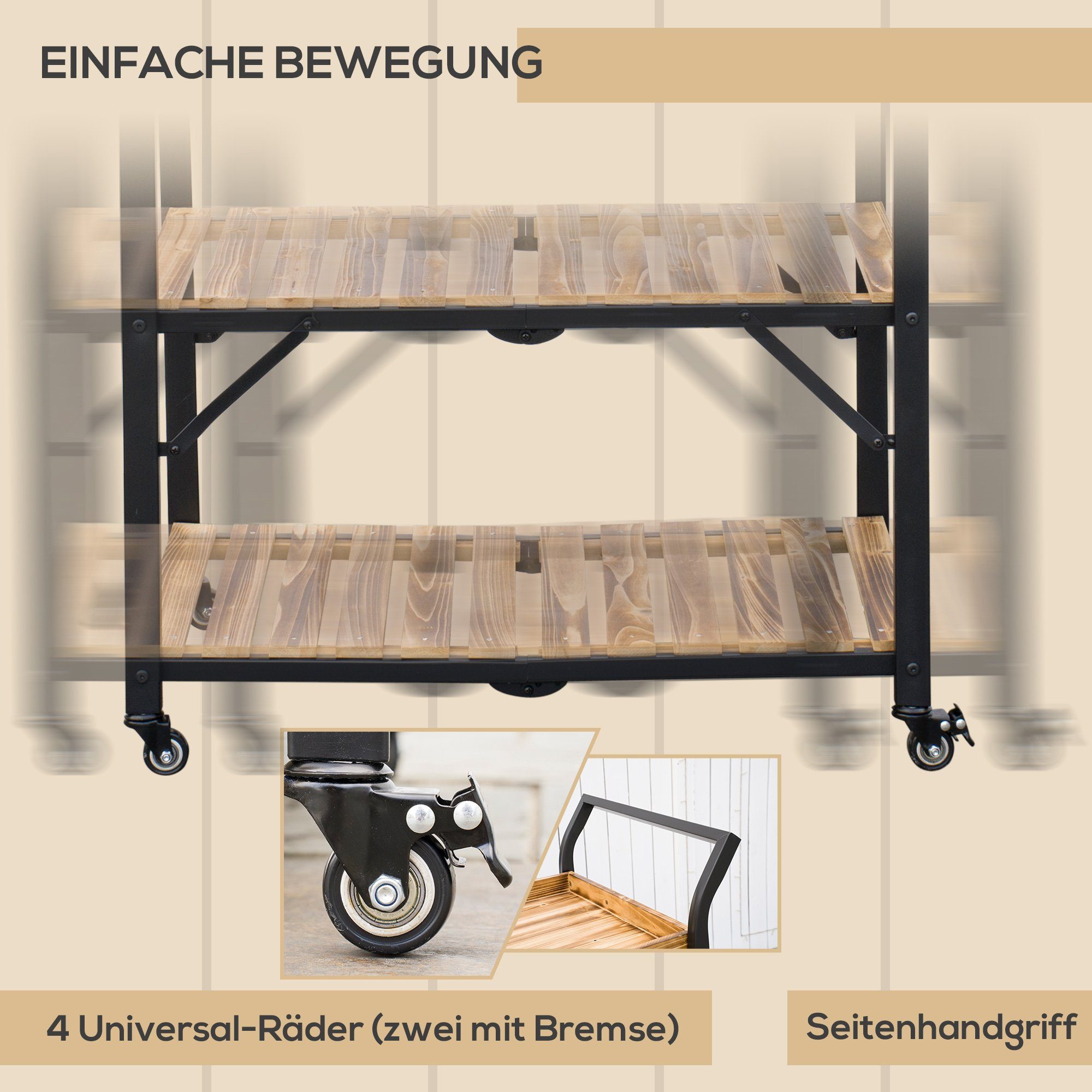 Outsunny Servierwagen Outdoor Barwagen St., mit Küchenwagen Faltbares Barbecue 3 mit Regalen, (Gartenrollwagen, Griff Trolley), 1