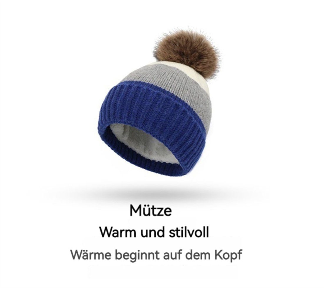 Wollmütze, Winter Blau Modische Warme Handschuhe 3er Weiß Set Mütze Strickmütze DÖRÖY Schal + Bunte