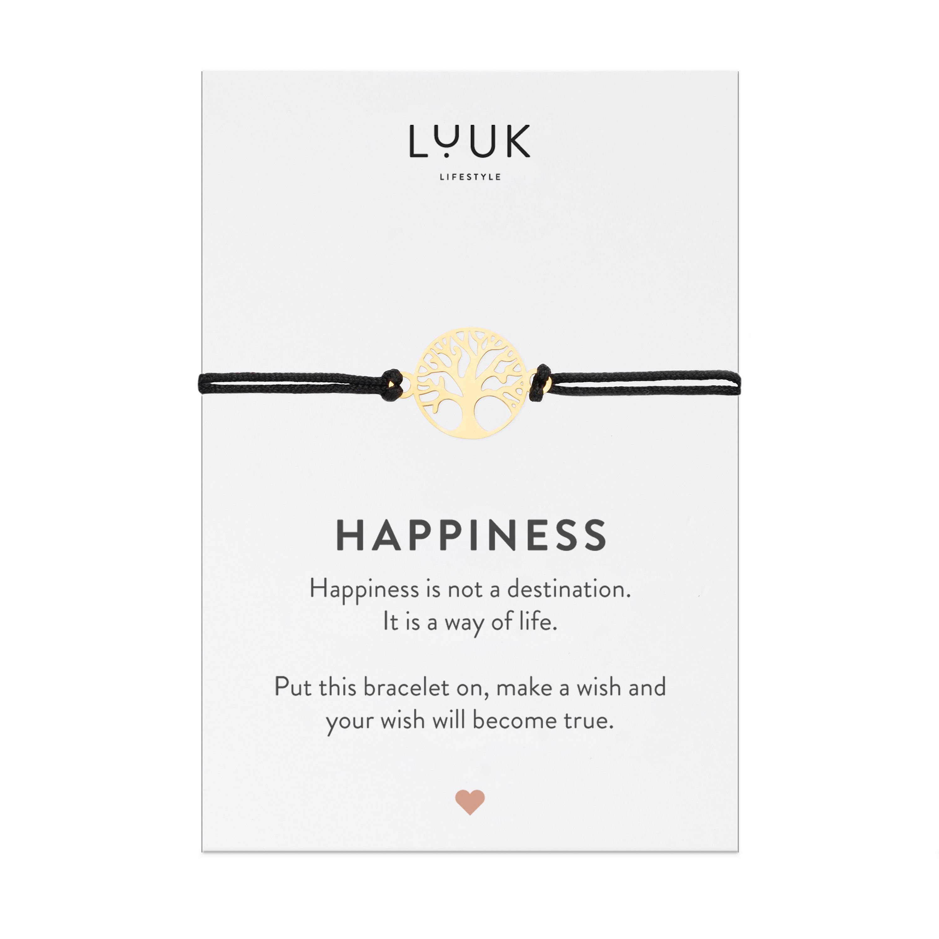 Lebensbaum, Happiness LUUK LIFESTYLE handmade, Gold Freundschaftsarmband mit Spruchkarte