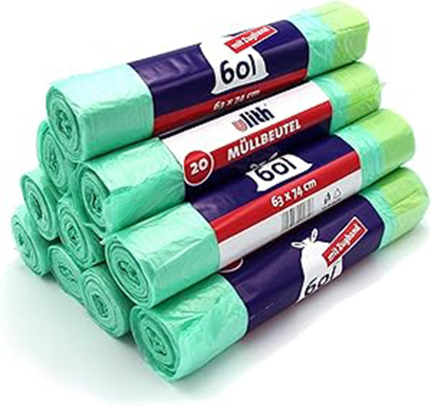 Ulith Müllbeutel 20er Set Müllbeutel 60 L grün mit Zugband, Müllbeutel Abfallbeutel Müllsack Entsorgungsbeutel Zugband HDPE grün 6