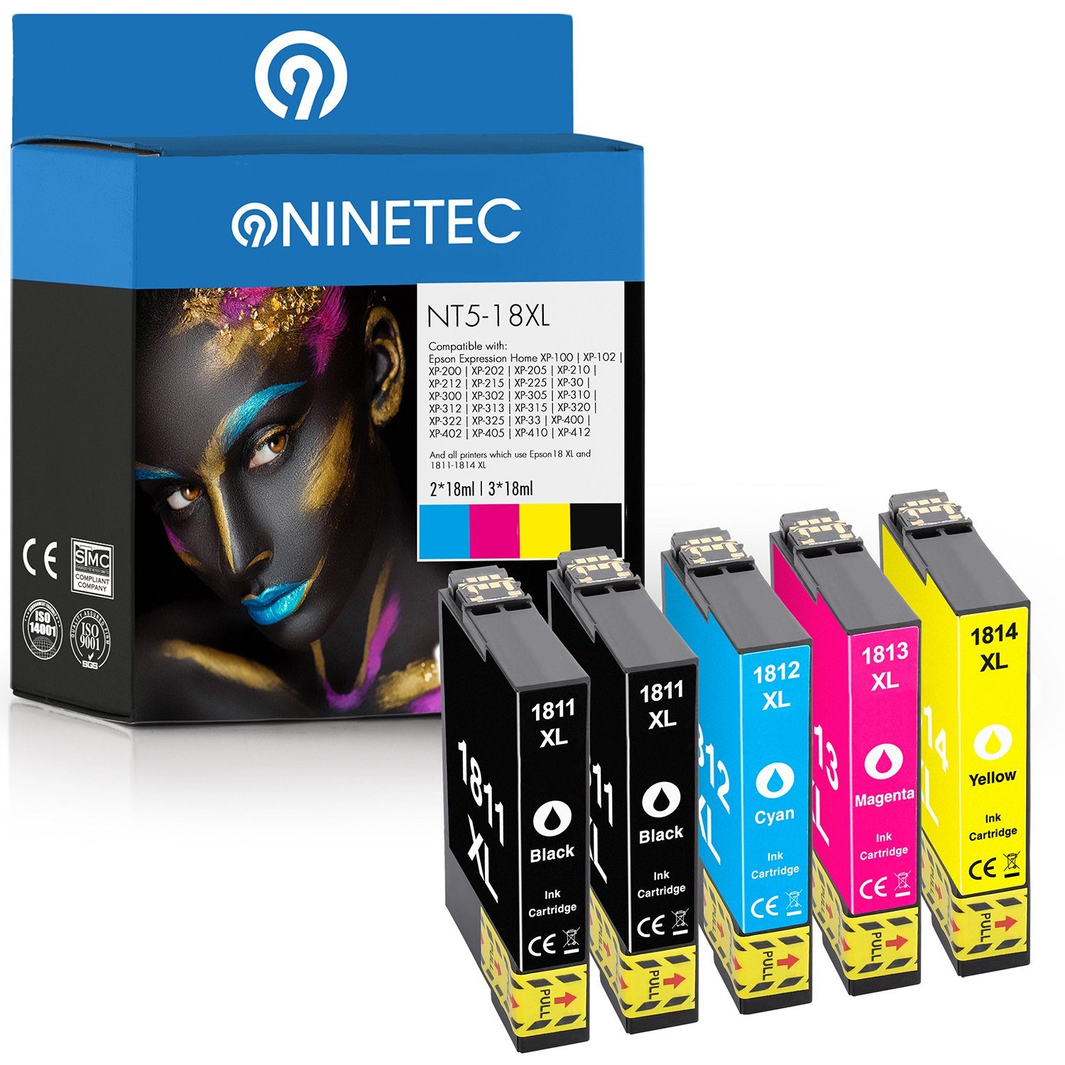 NINETEC 5er Set ersetzt Epson T1811-T1814 Tintenpatrone