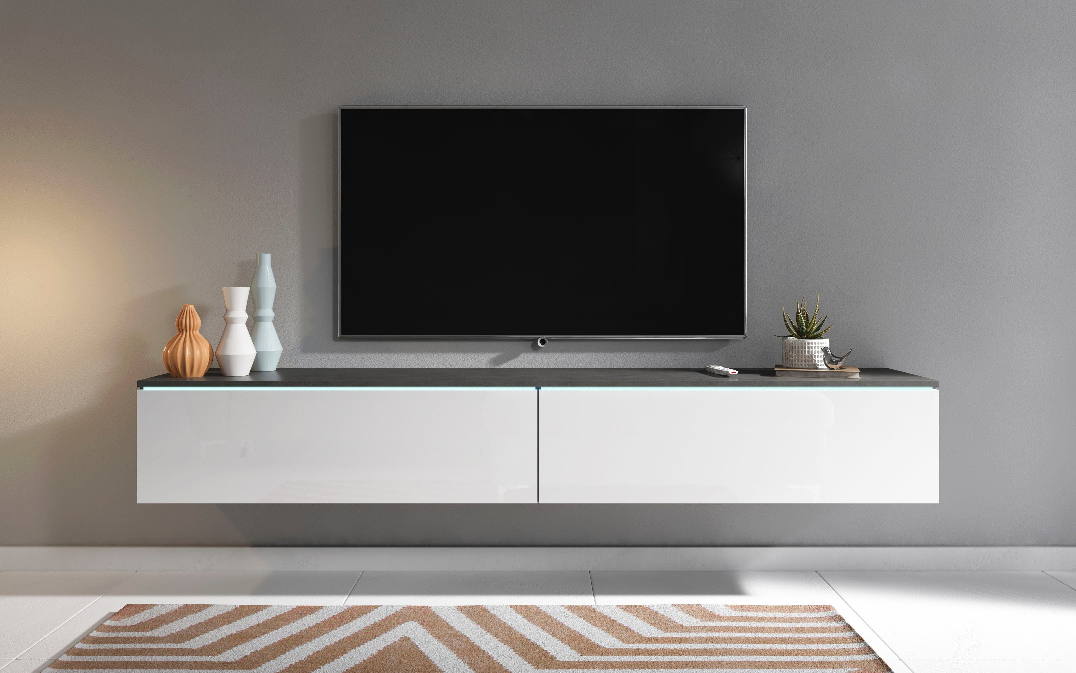 INOSIGN Lowboard LOWBOARD VERA, wahlweise mit oder ohne Beleuchtung, Modernes griffloses TV-Board, 180 cm TV-Schrank, stehend und hängend