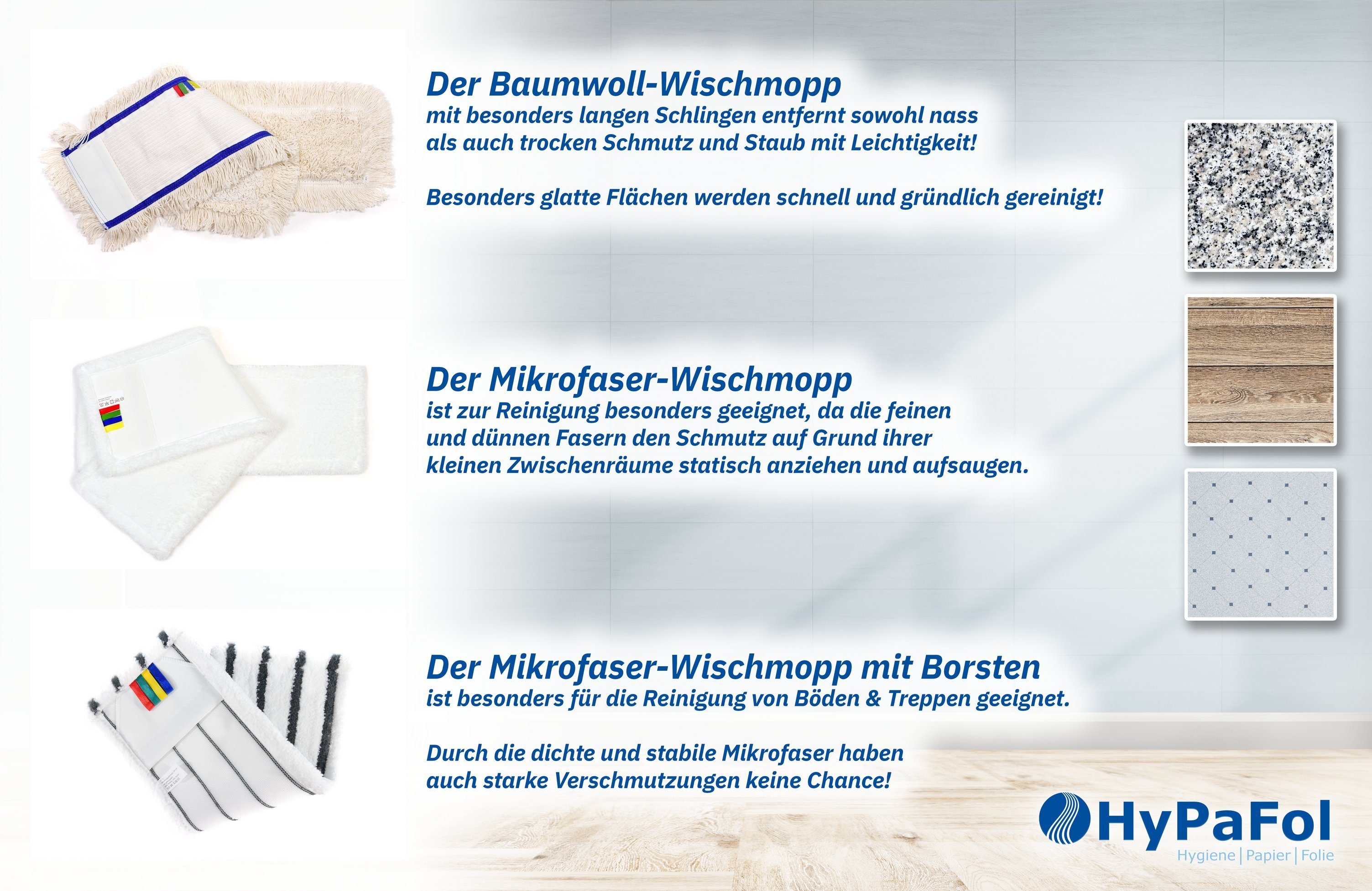/ Borsten, Hypafol mit Mikrofaser/ 40-50 cm / Breite, Wischmopp 3er-Pack Baumwolle