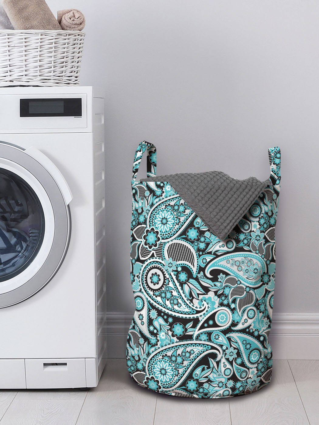 Buta Wäschekorb Wäschesäckchen mit Abakuhaus Waschsalons, Griffen Paisley Blumen-Element Kordelzugverschluss für blau
