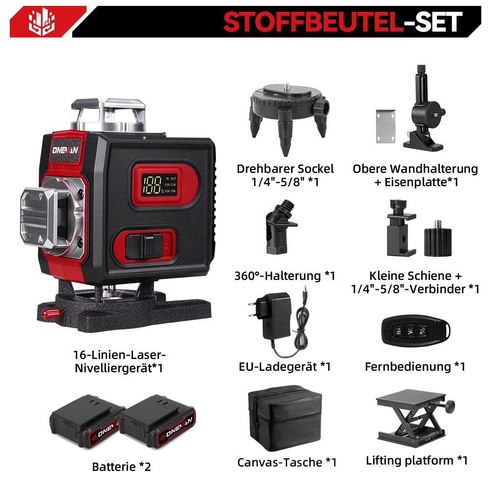 ONEVAN Kreuzlinienlaser 4D 16 Linien Laserwasserwaage, Selbstnivellierend Laser Level, (1 St), für Fliesen, Deckenmontage & Innenausbau, mit 2x Akkus