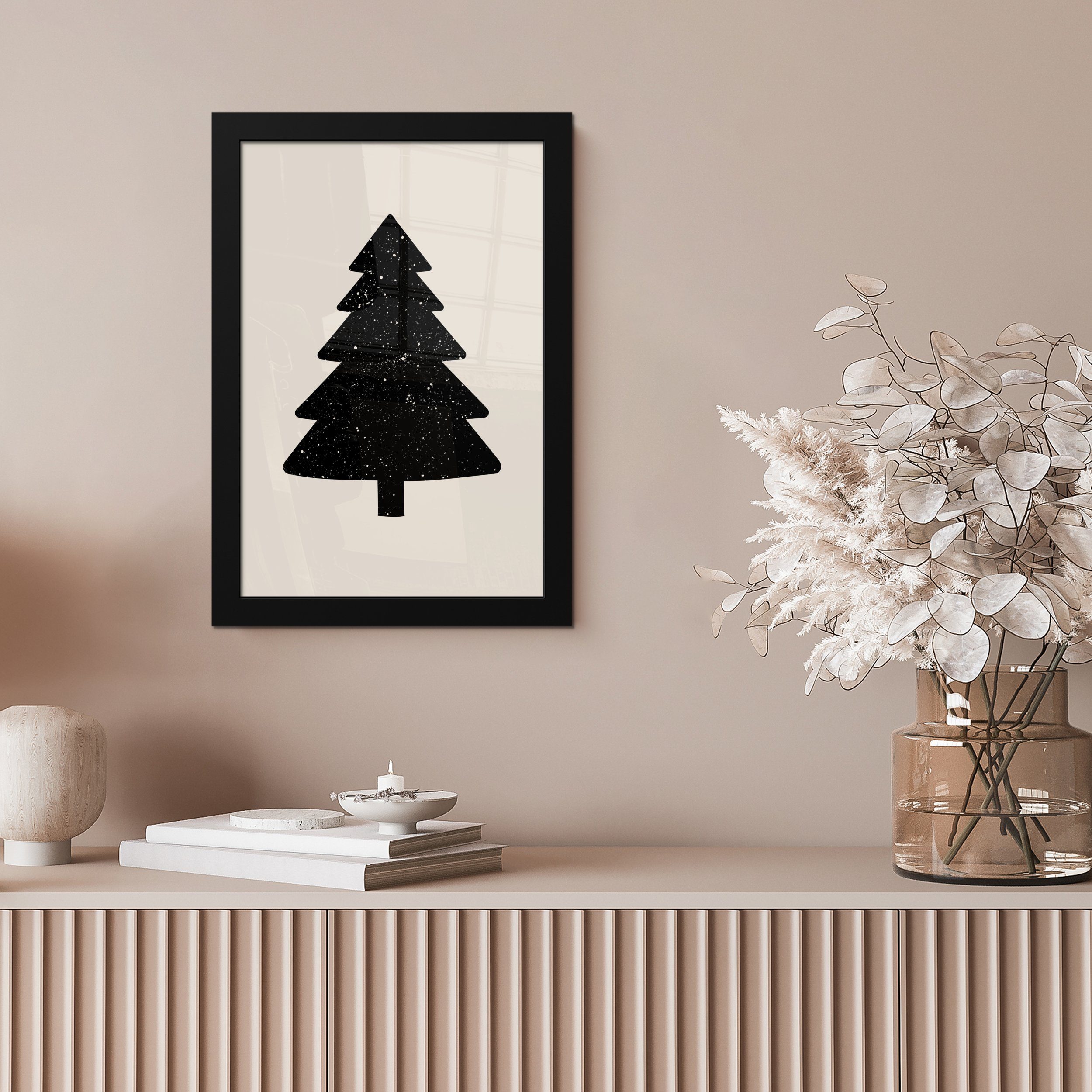 MuchoWow Poster Weihnachtsbaum - Gerahmtes - Bilder, Beige, Urlaub - St), Wanddeko, (1 Schwarz Poster, Bilderrahmen Wandposter, Schwarzem