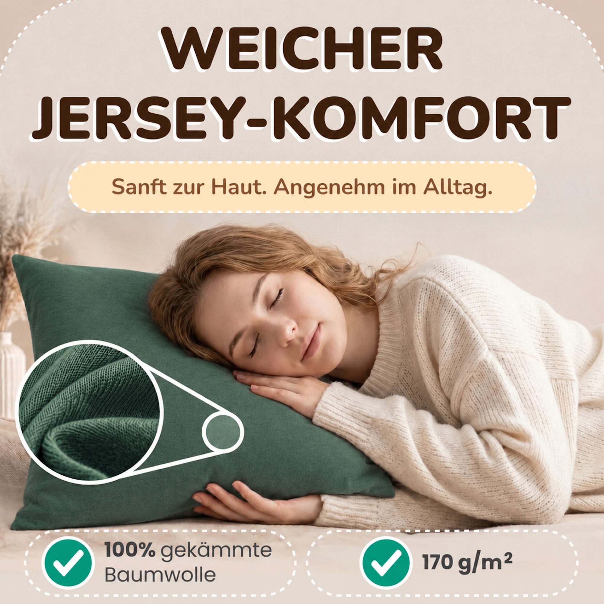 leevitex® Kissenbezüge 40 x 80 cm, 2er-Set, Dunkelgrün, (2 Stück), feine Jersey-Qualität, 100% Baumwolle, robuster Reißverschluss