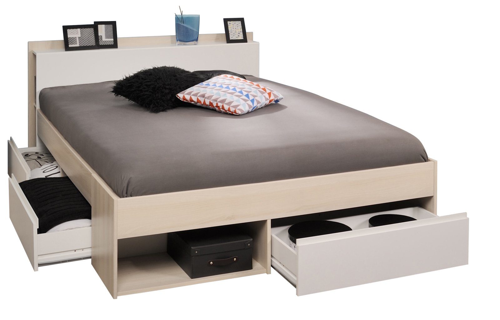 Parisot Stauraumbett Most (Doppelbett, Liegefläche 160 x 200 cm), inkl. 3x Bettschubkasten und Regal