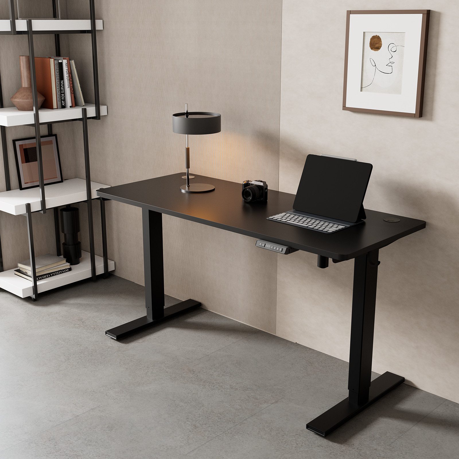 HOMAVO Schreibtisch Höhenverstellbarer schreibtisch mit Memory- und Rebound-Funktion (Sitz-Steh-Erinnerung), inkl. Kabelwanne & USB/Typ-C-Anschlüssen, Tischplatte 18 mm