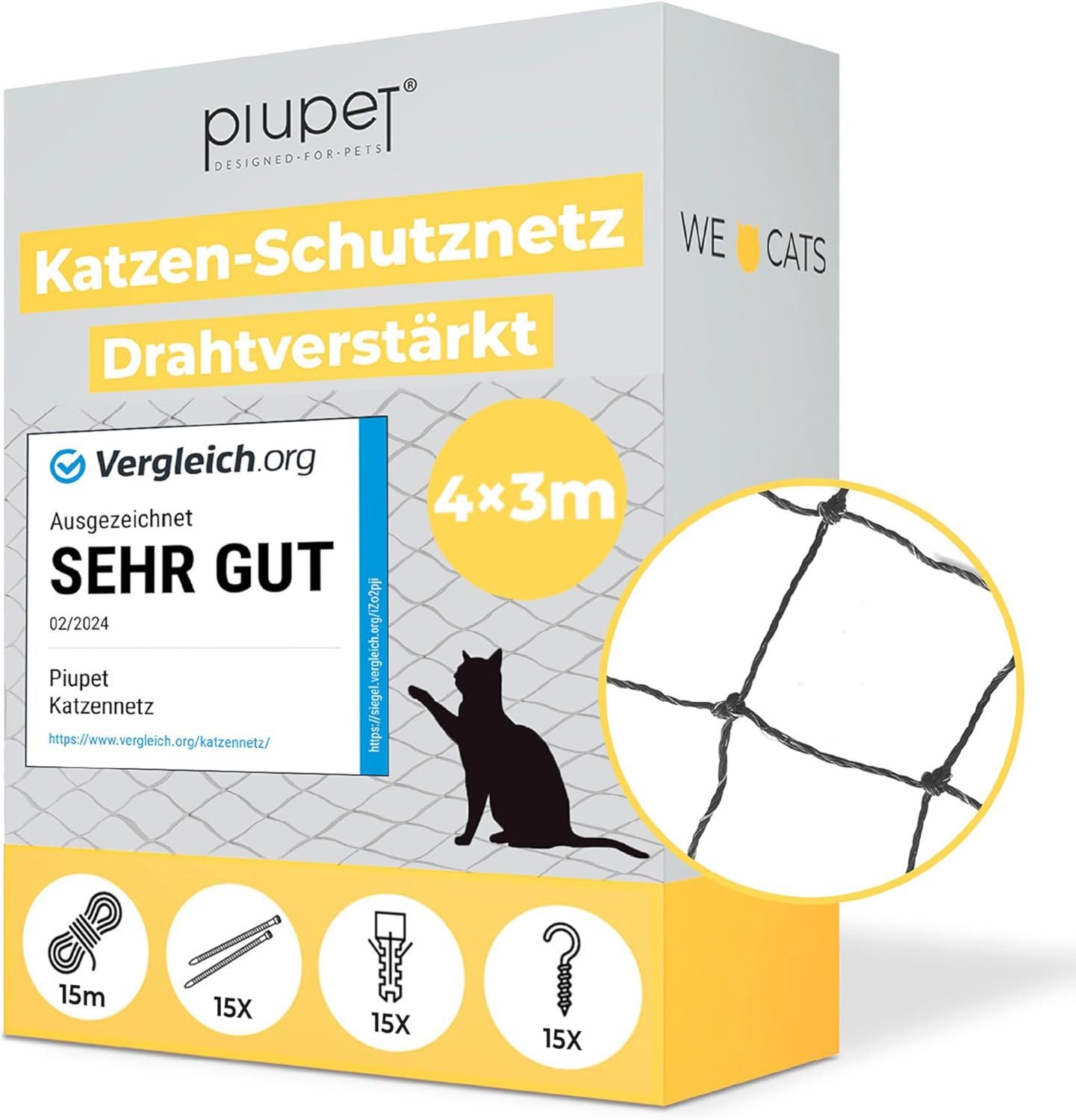 Piupet Kupfernetz PiuPet Katzennetz Drahtverstärkt 4x3m schwarz Befestigungsset inkl.