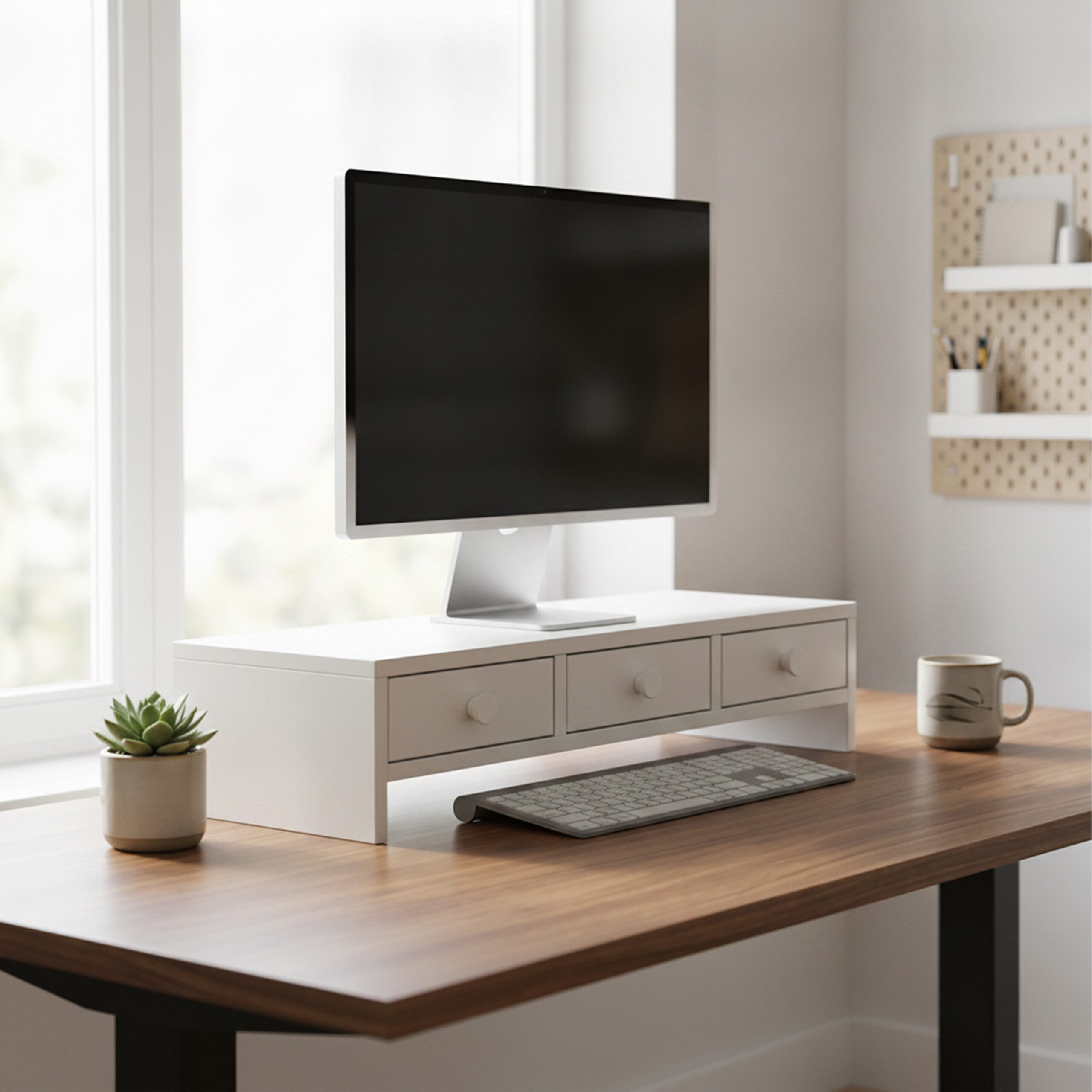 relaxdays Monitorständer mit 3 Schublade, (weiß)