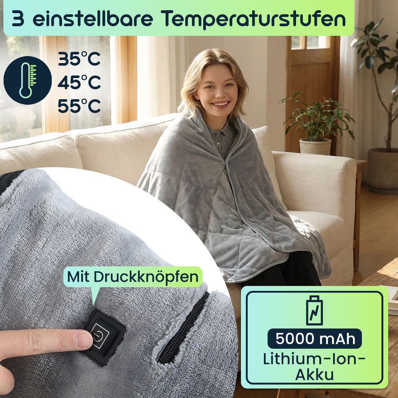 shop'n smile ideoon Heizdecke Elektrische Heizdecke 35x180 cm aus Polarfleece mit Druckknöpfen, elektrische Wärmedecke mit 3 Stufen, auch als Heizkissen nutzbar