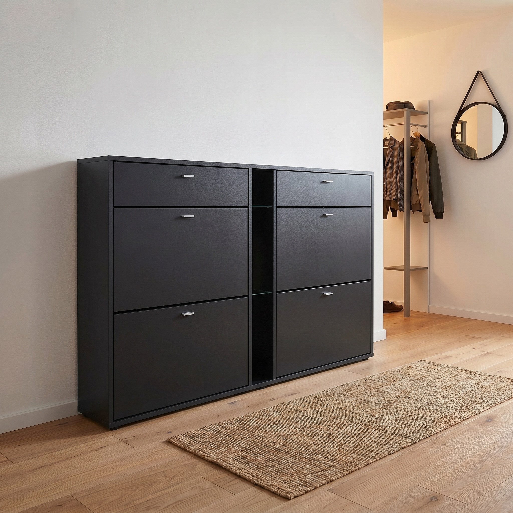 Vladon Schuhschrank Today (Schuhkipper für 24 Paar Schuhe mit 4 Klappen, 2 Schubladen und 3 offene Fächer) Schwarz matt/Schwarz matt (155,5 x 95 x 28 cm)