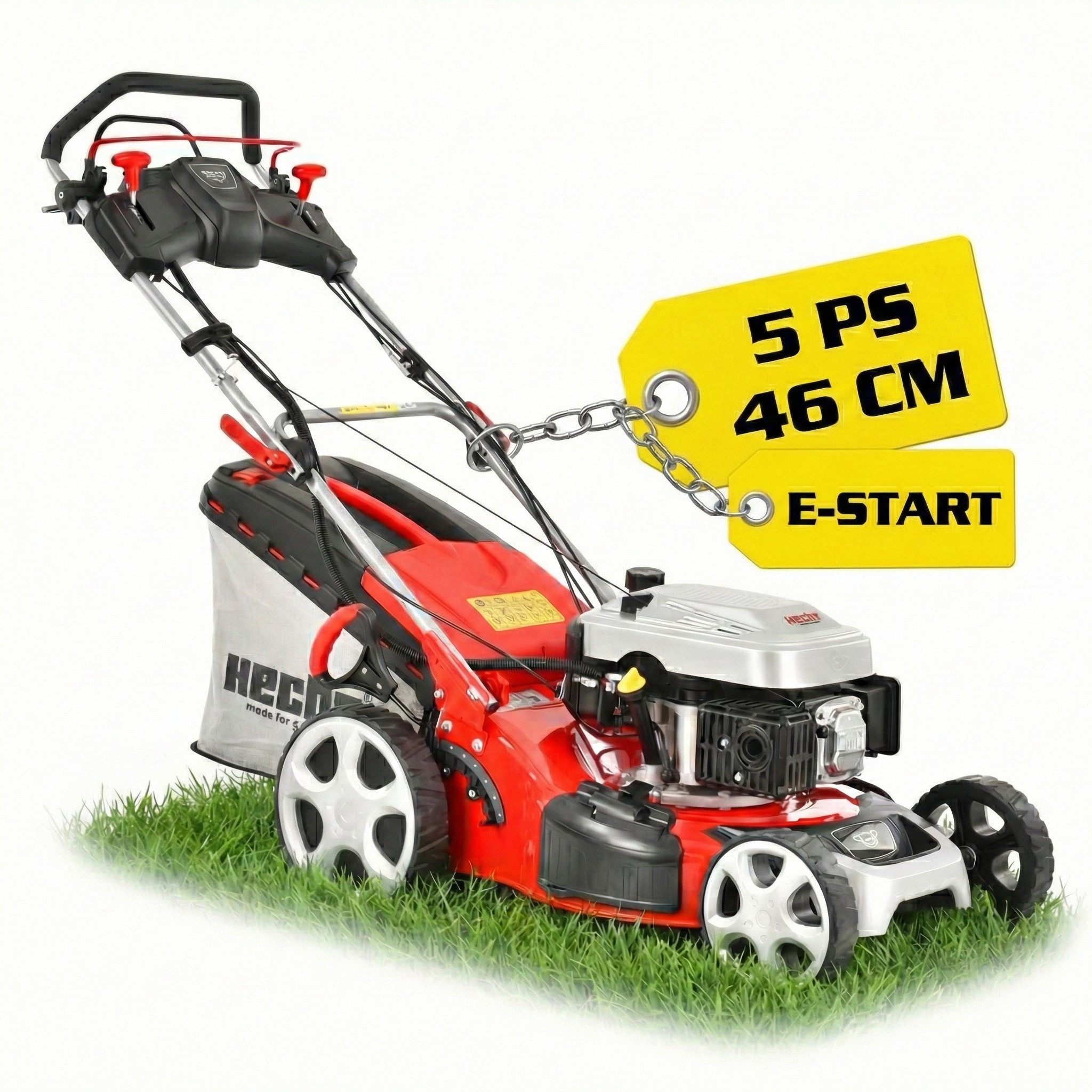 Hecht Benzinrasenmäher mit Antrieb Elektrostart 5in1 Mulchkit Seitenauswurf 3,68 kW / 5 PS, 46 cm Schnittbreite, 4-Gänge, mit ÖL, 60L Fangkorb, Zentrale Höhenverstellung