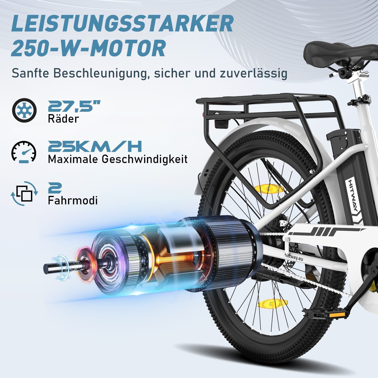 HITWAY E-Bike Cityrad 27,5 Zoll Elektrofahrrad für Damen Herren, Pedelec mit 36V 13Ah Akku, 1 Gang, 250W Heckmotor, 468 Wh, E-fahrräde, E-Citybike mit Schloss, Pumpe, APP