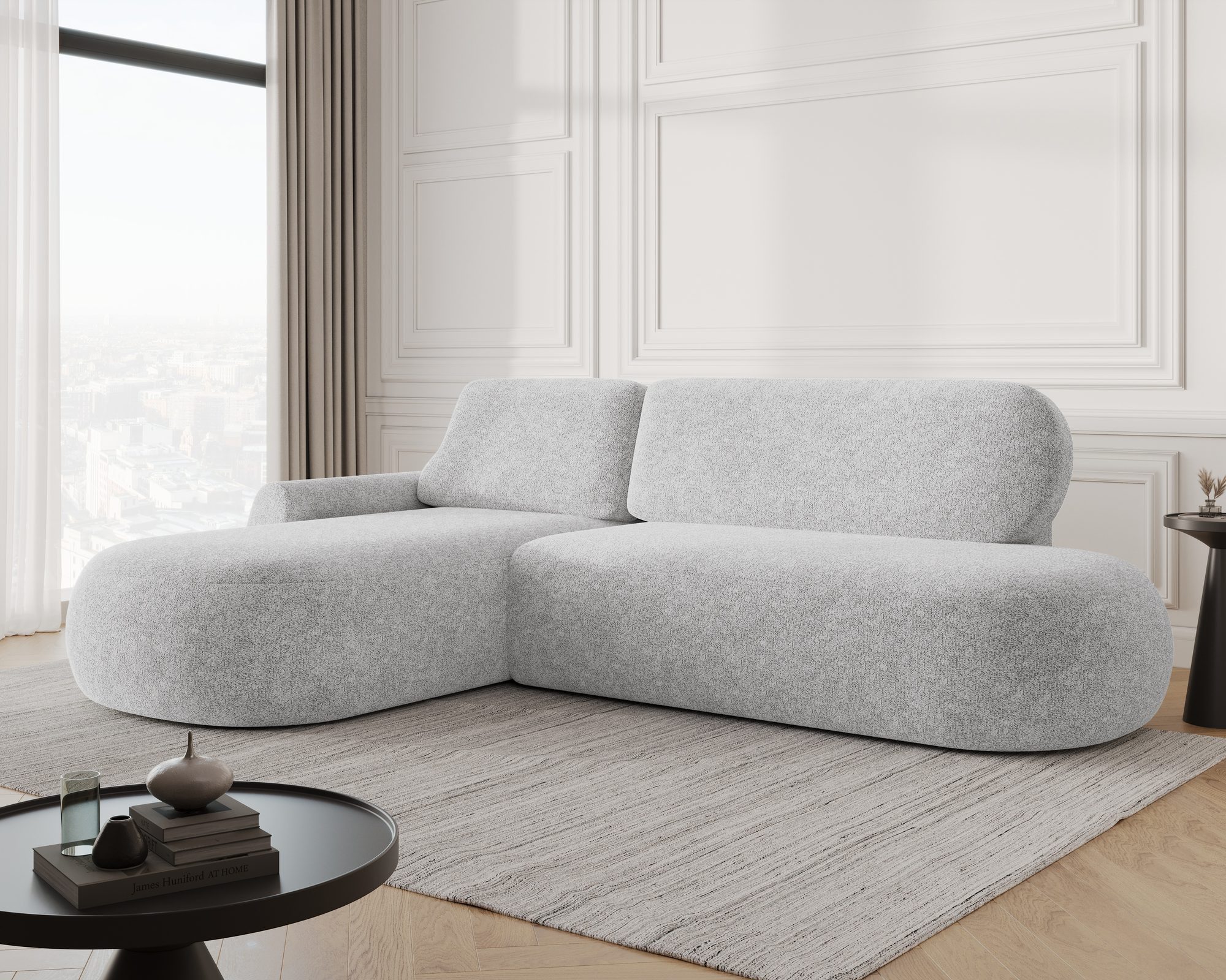 MOEBLO Ecksofa DIUNE, Rundsofa, Ecksofa mit abgerundetem Design, mit Schlaffunktion und Bettkasten, frei im Raum stellbar - Sofa mit Ottomane Eckgarnitur Polsterecke, (BxHxT): 275 x 90 x 186 cm, Chenille-Strukturstoff