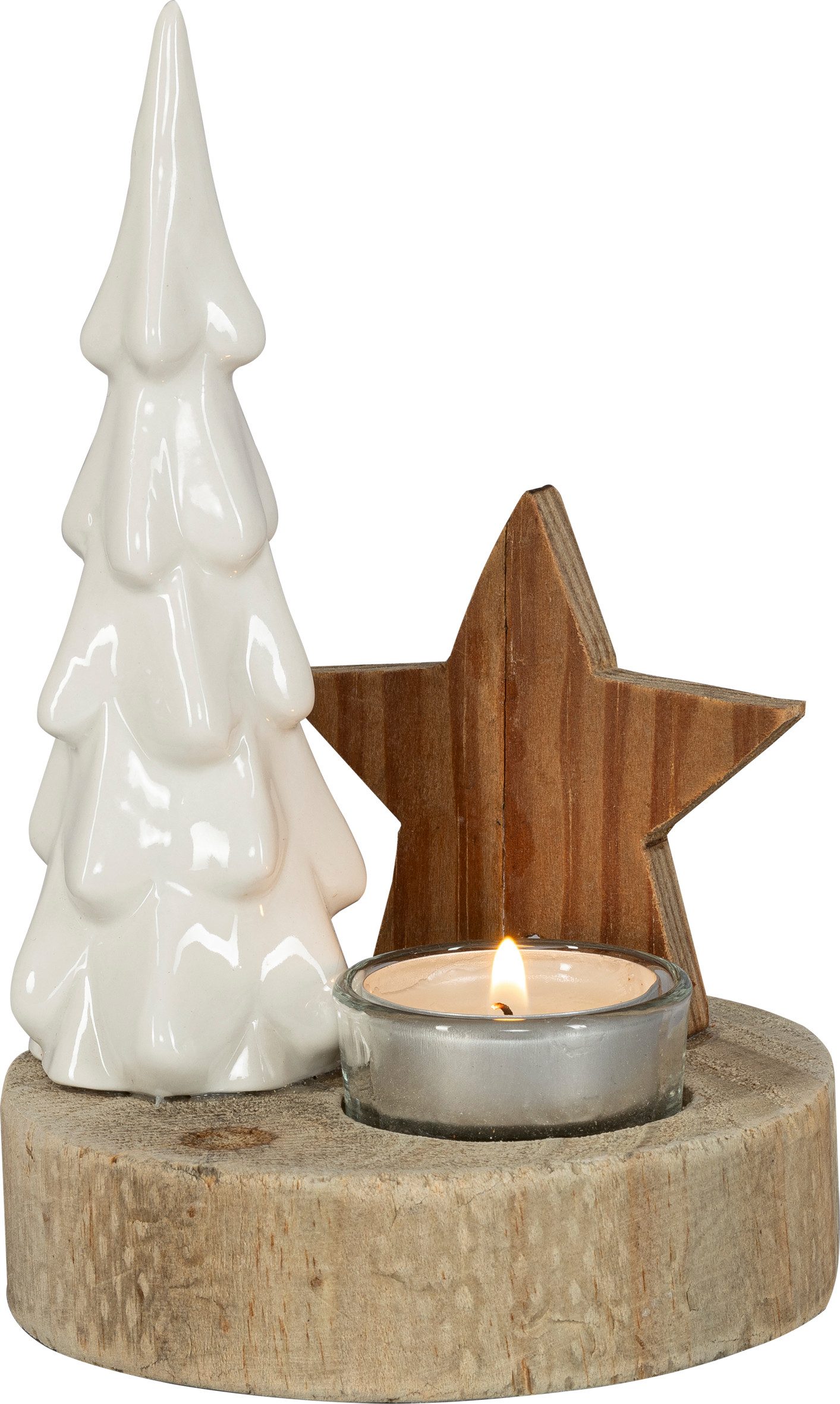 HGD Dekoobjekt Arrangement - Keramik-Baum, Holzstern + Sockel, Ideale Teelichtdekoration für die Weihnachtszeit - für Tisch/Schrank