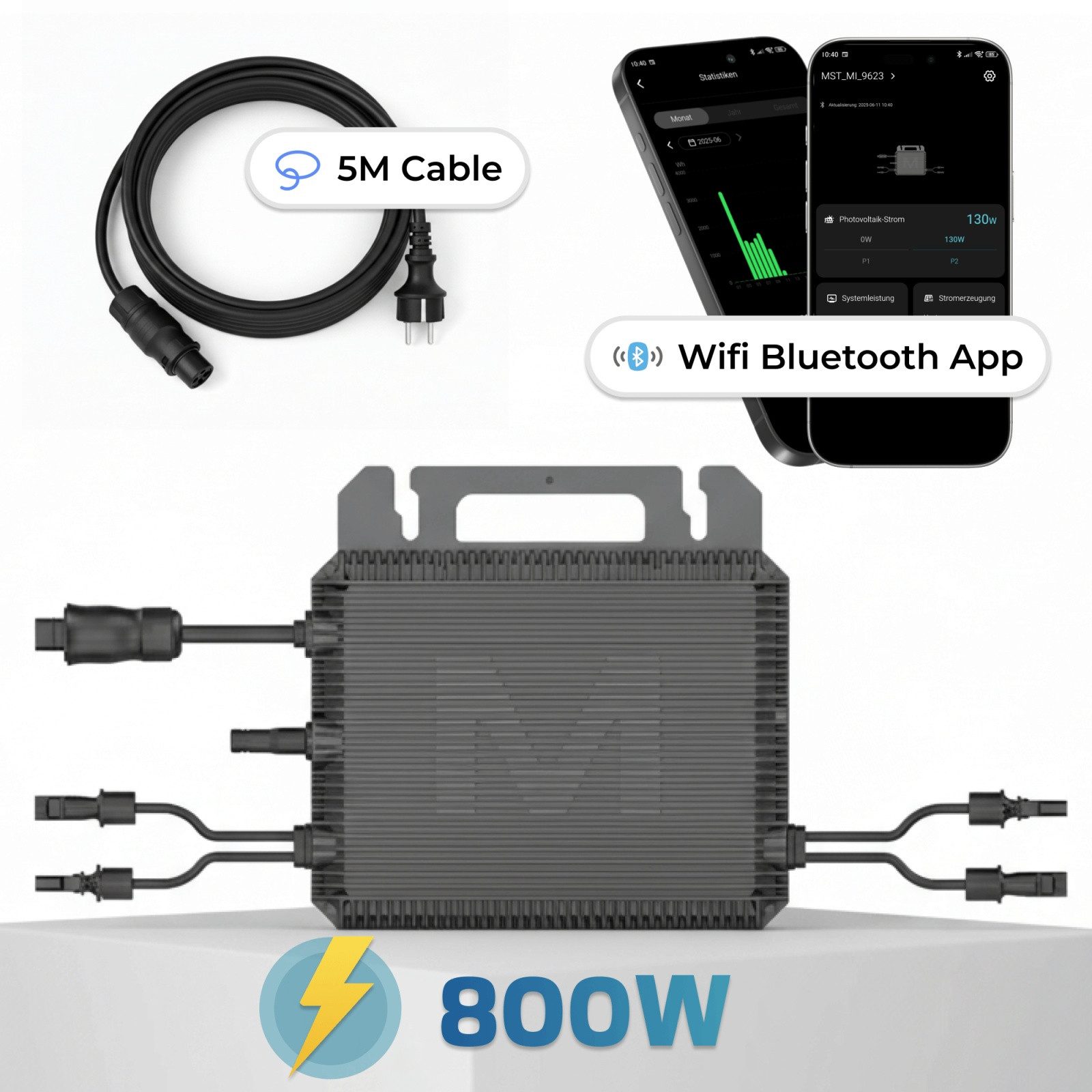 SUNNIVA Wechselrichter MARSTEK 800 W MST-MI0800, (2× MPPT, IP67 wetterfest, WiFi & App-Überwachung, Plug-&-Play Balkonkraftwerk Inverter)