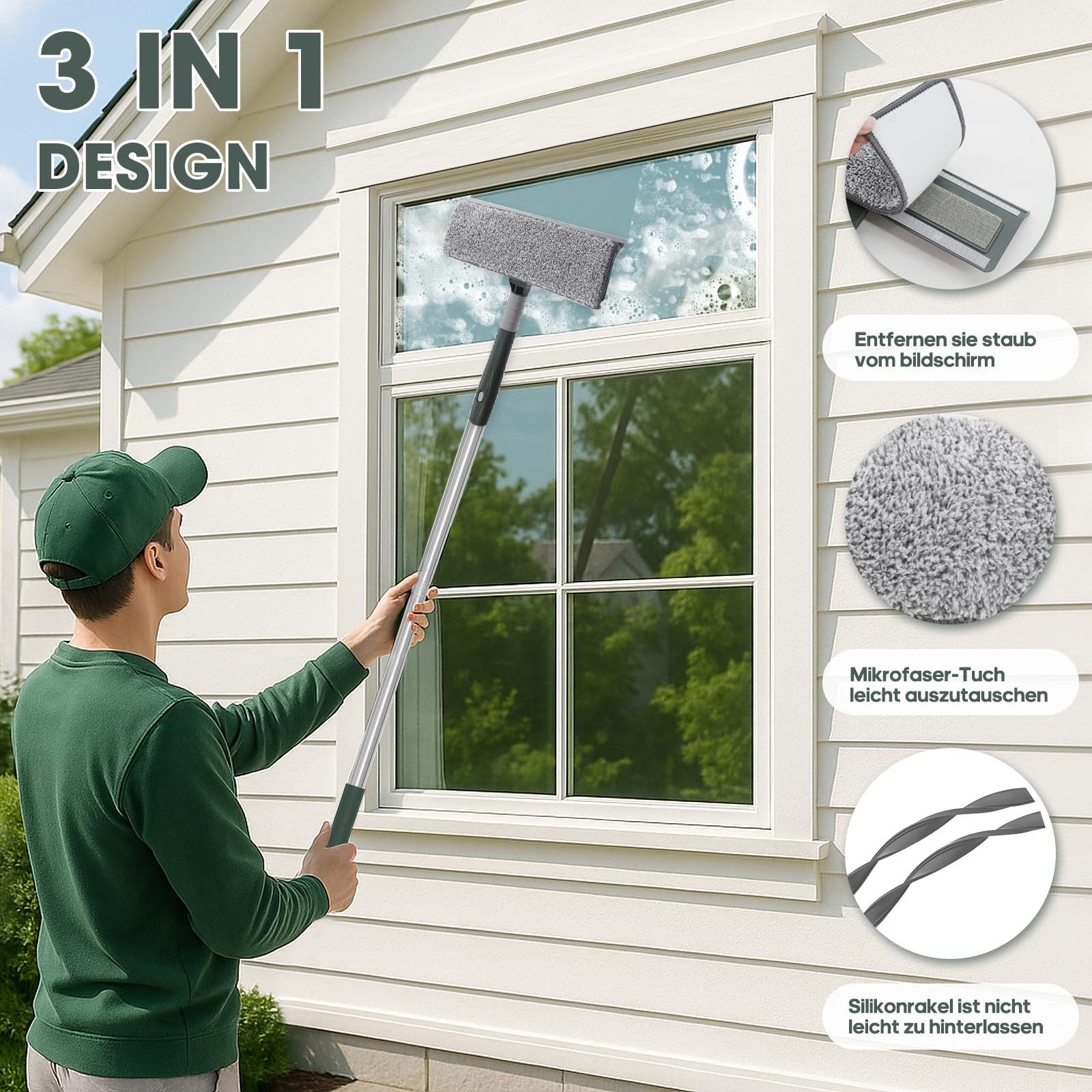Bomiclss Fensterreiniger Teleskop-Fensterabzieher mit Silikon-Lippe & Mikrofaserpad, (1-St) Professioneller Fensterwischer für Innen & Außen, verstellbarer Stiel