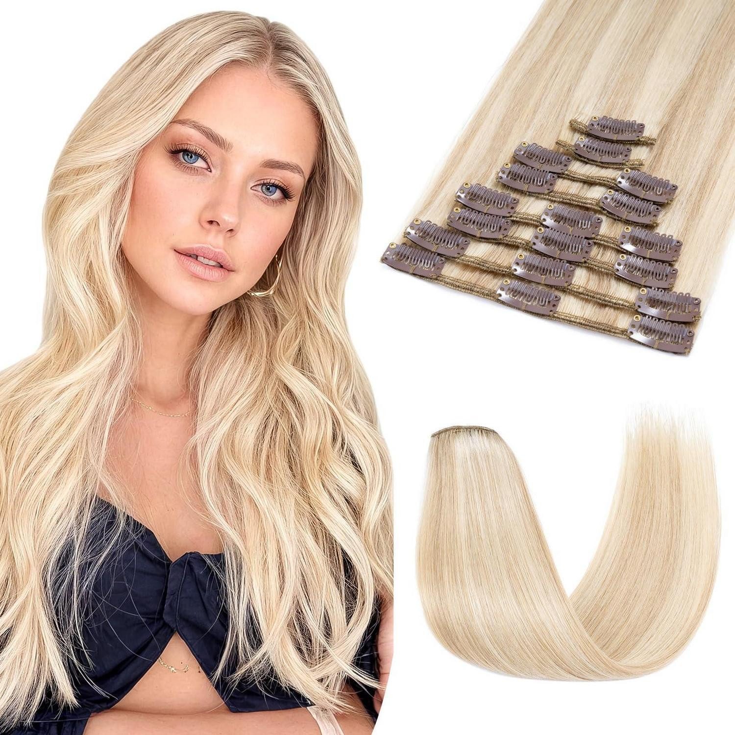 LuxusKollektion Echthaar-Extension Clip Extensions Echthaar Remy #18 613 Balayage Blond 35cm-8 Stück