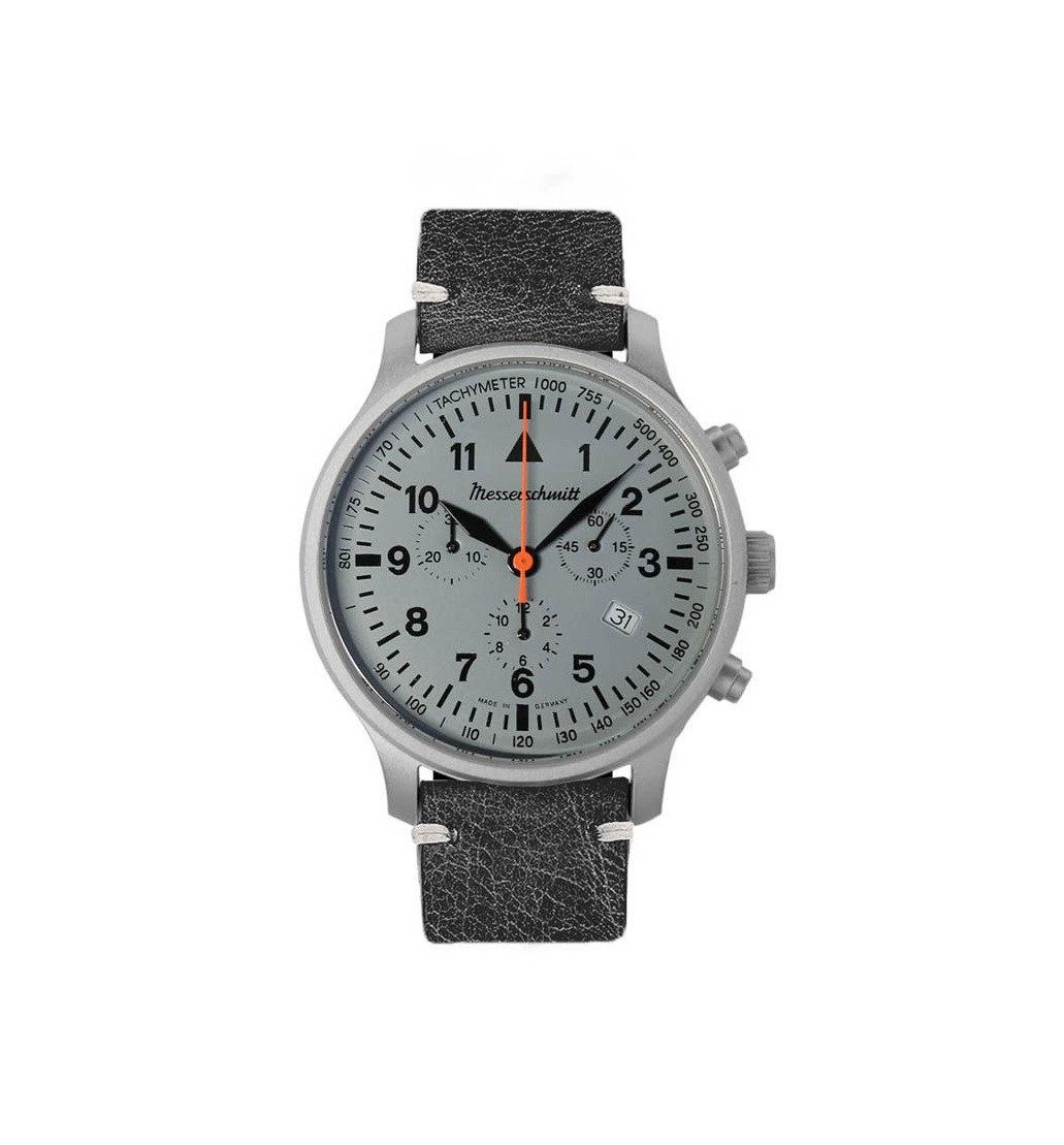 Messerschmitt Quarzuhr ME-3H201, Fliegerchronograph - graues Ziffernblatt - edles Lederband, Quarzuhrwerk - exakte Zeitmessung - Modern - Made in Germany