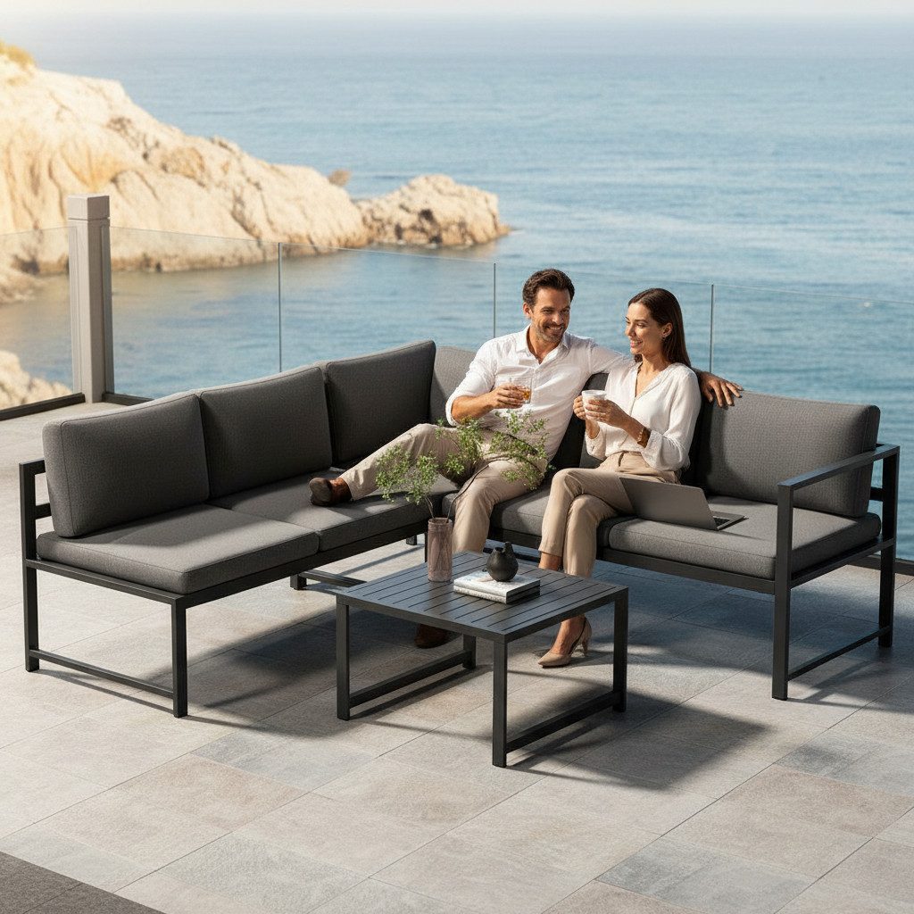 Mucola Gartenlounge-Set Ecksofa Aluminium mit Liegefunktion & Loungetisch wetterfest, (Gartenlounge-Set, 3-tlg., 3-teiliges Gartenlounge-Set), verstellbare Sitzfläche, Liegefunktion, Aluminiumgestell