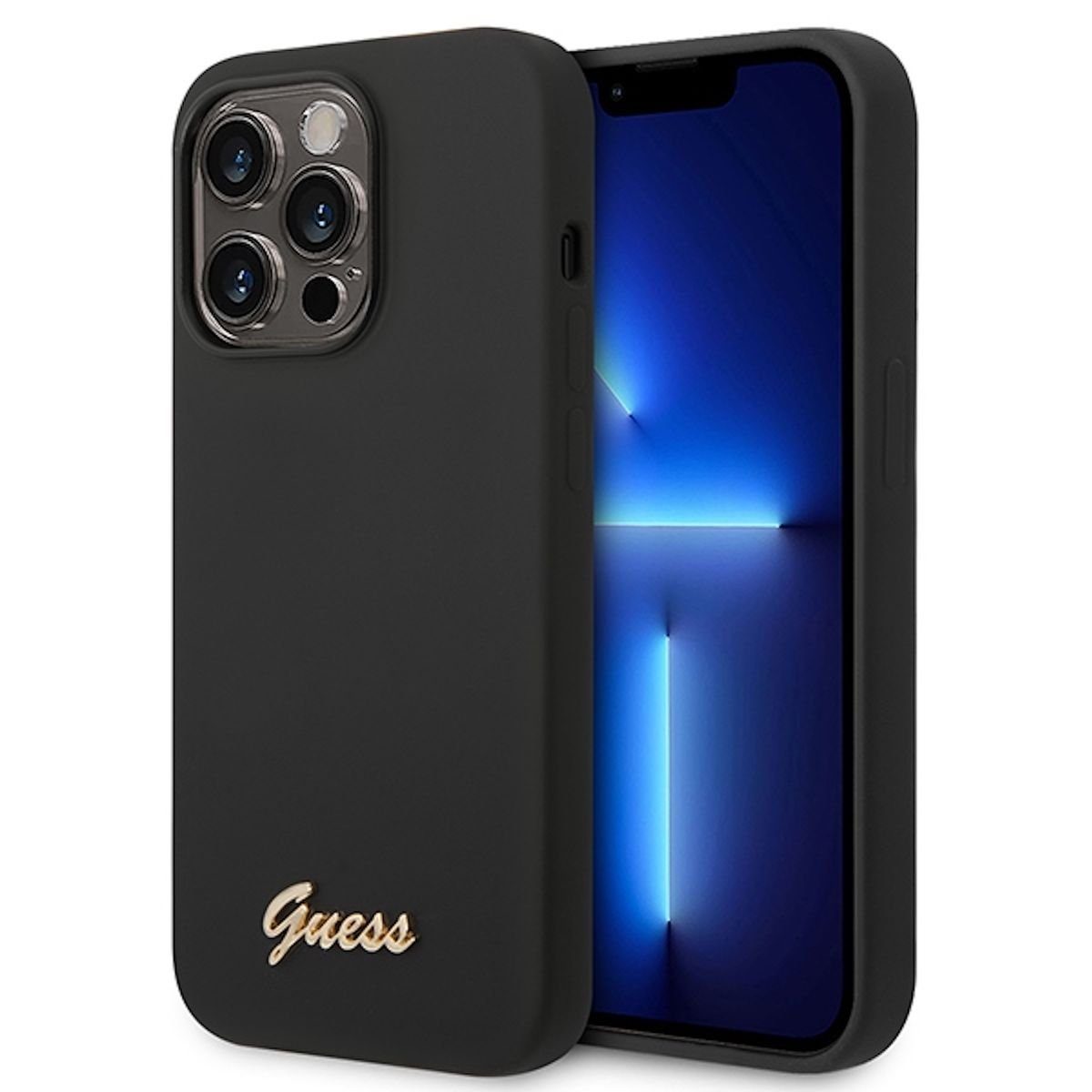 Guess Handyhülle Guess Apple iPhone 14 Pro Hard Case Silicone Vintage Gold Logo Schwarz