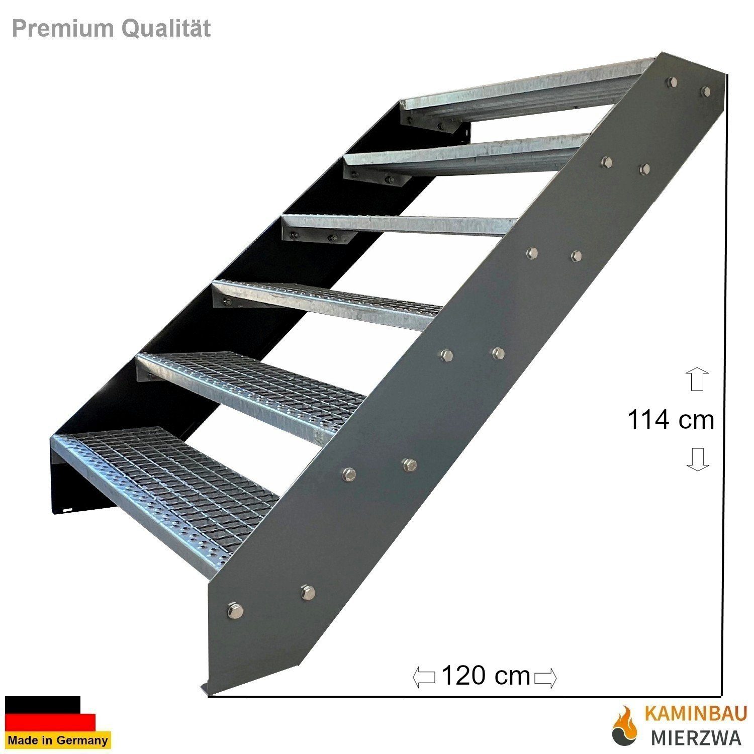 Kaminbau Mierzwa Außentreppe Premium Treppe Anthrazit Höhe Verstellbar, für Geschosshöhen bis 114 cm, Stufen Gitterroststufen nach DIN 24531, (Höhe 114 cm, Breite wählbar aus 60, 80, 100, 120, 140 cm), Gartentreppe Stahltreppe Wetterfest Rostfrei Feuer-Verzinkt Rutschfest