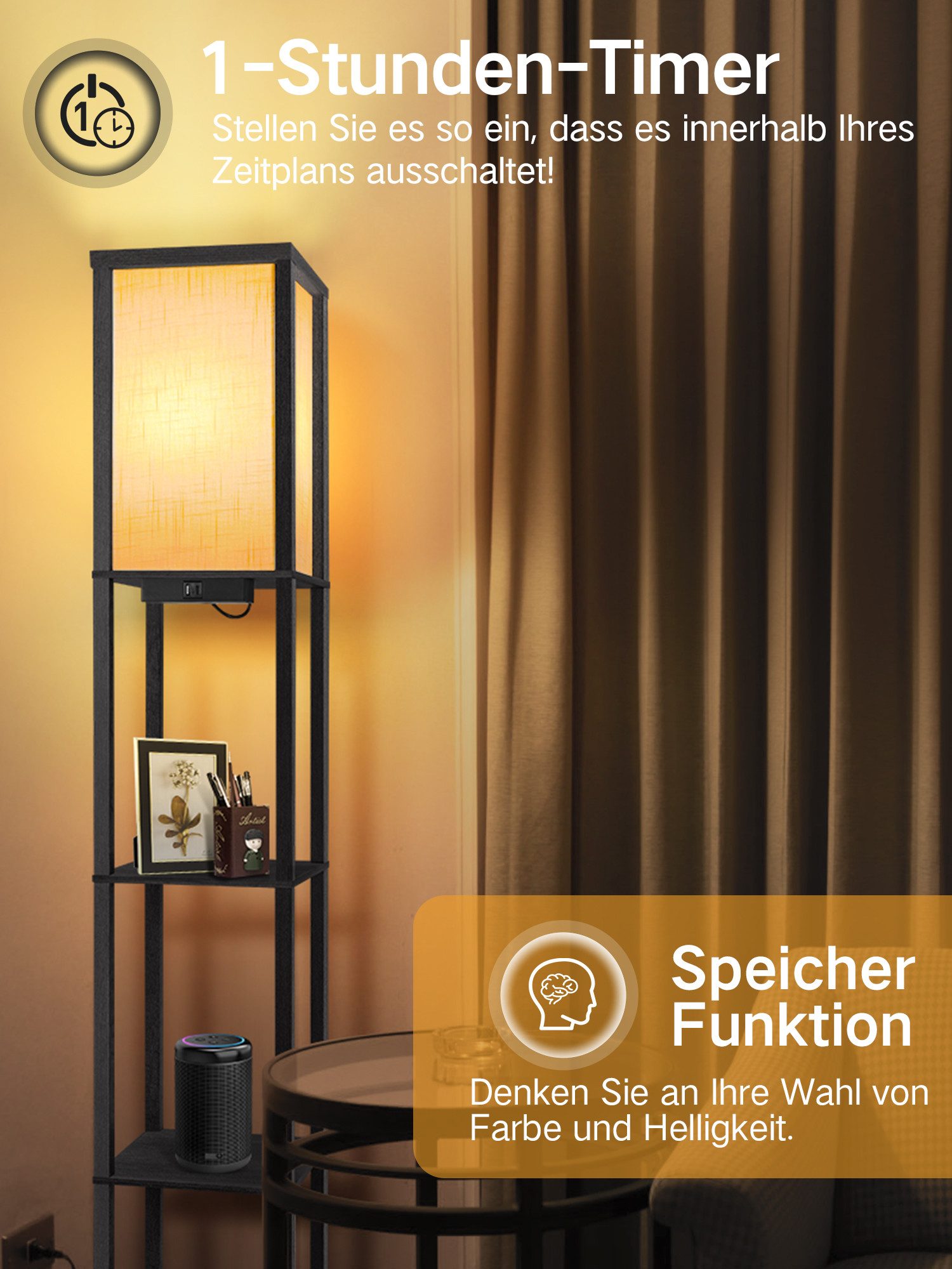 OUTON LED Stehlampe Regal mit Fernbedienung, 2 USB-Anschlüsse und 1H Timer, LED wechselbar, mit eleganter Holzoberfläche und Leinenschirm – Bild 5 von 5