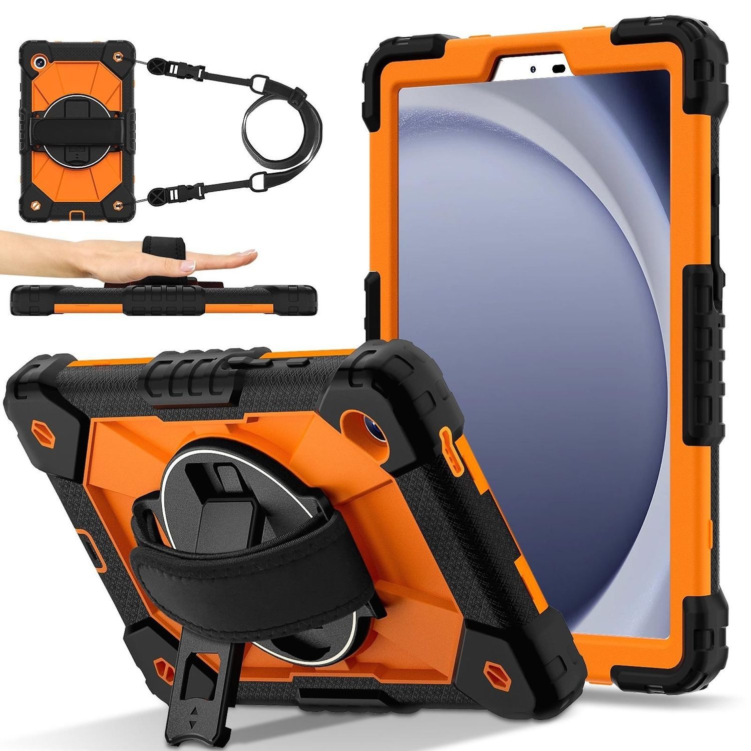 Wigento Tablet-Hülle Für Samsung Galaxy Tab A11 Hybrid Hülle Halter & Schultergurt Orange, Hybrid Schutzhülle Smart Case Cover mit Schultergurt