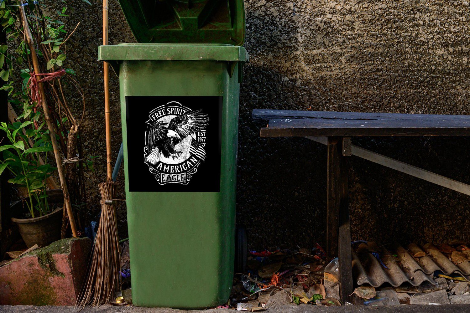Retro St), - Sticker, Container, Mülleimer-aufkleber, MuchoWow (1 Mülltonne, Wandsticker Amerikanisch - Abfalbehälter Vogel