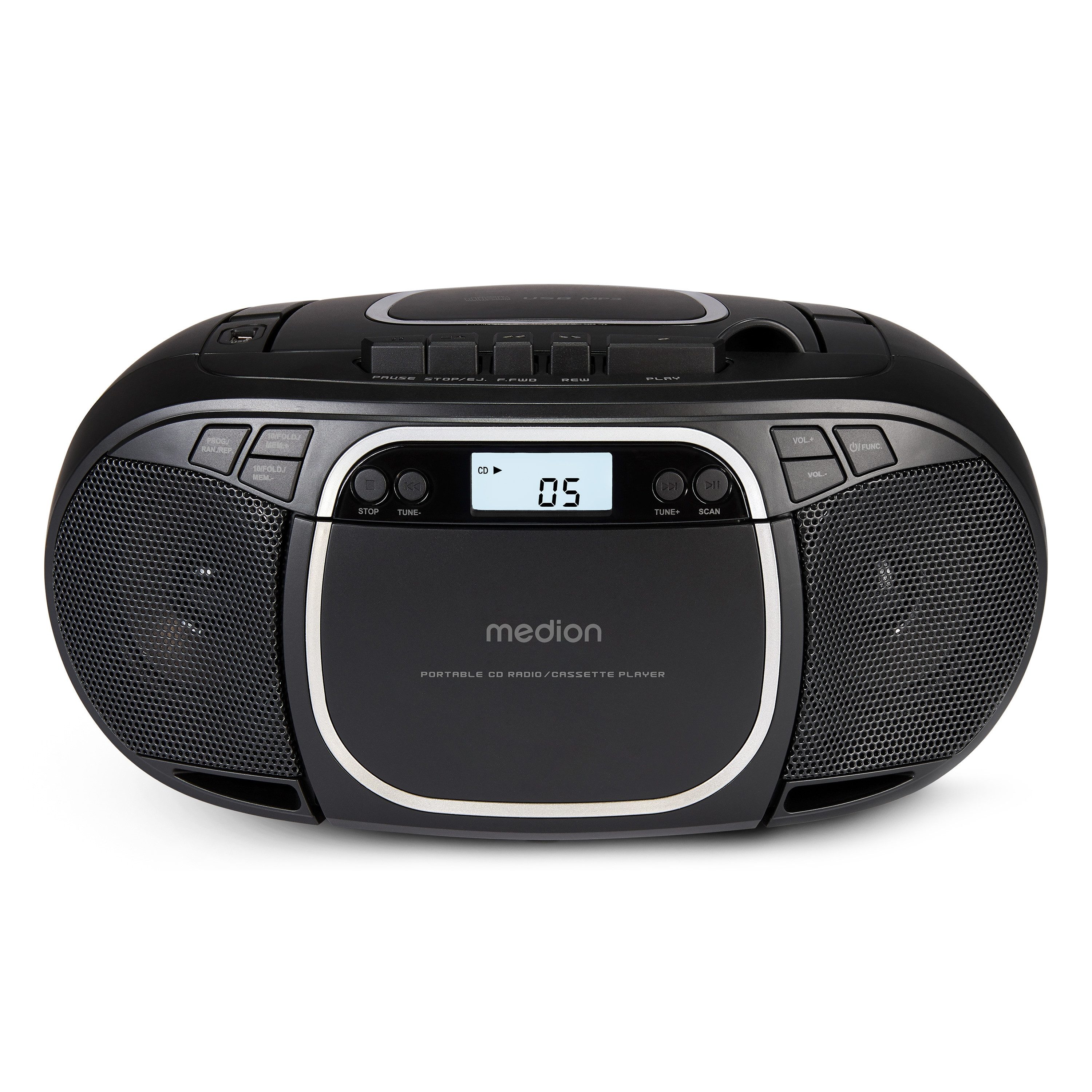 Medion® Kassetten Player (An/Aus Anzeige, Audiokassetten, AUX-Eingang, Batteriebetrieben, CD-Player, CD-R-Wiedergabe, CD-RW-Wiedergabe, FM-Radio, Digitalanzeige, Kassettenwiedergabe, USB, Tragbar, Stereo, Radio, MP3 CD-Wiedergabe, On/Off Switch, MW/UKW Ra