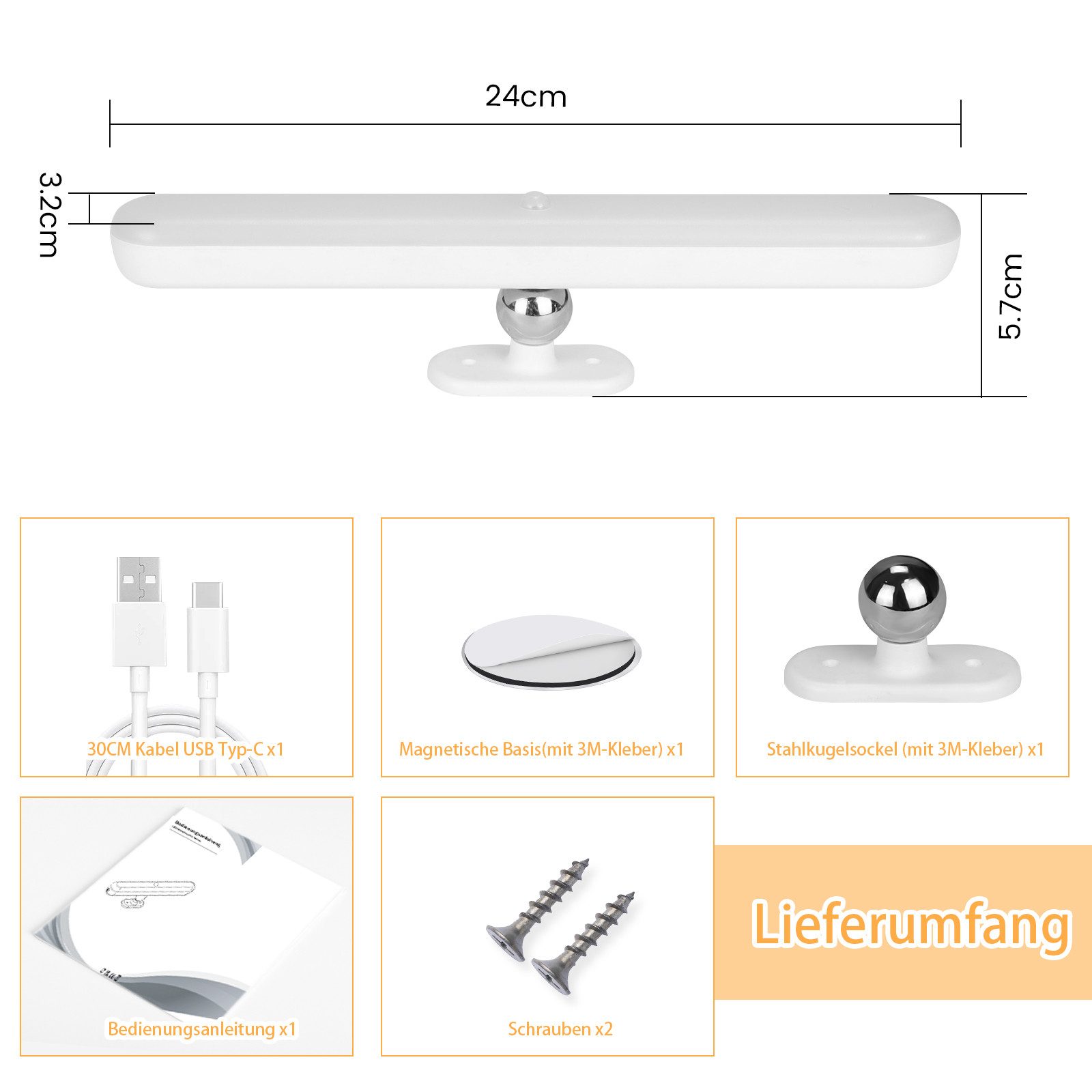 ZMH LED Wandleuchte Innen Dimmbar Unterbauleuchte 24CM Nachtlicht Akku Kabellos Flur, Vielseitig Einsetzbar, LED fest integriert, 3000-6500K, Mit Bewegungsmelder Unterschrank Beleuchtung für Spiegel