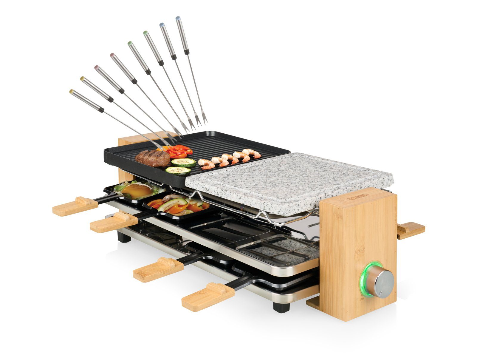 PRINCESS Raclette, 8 Raclettepfännchen, 1300 W, Bambus Gerät für 2-8 Personen Tisch-Grill & Steingrill-Platte & Gabeln