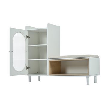 OKWISH Schuhbank mit Seitenschrank (Schuhbank ausgestattet mit Metallgriffen und 1 Tür aus Glas, Maße:B110/H90/T36 cm), für Flur, Schlafzimmer, Wohnung