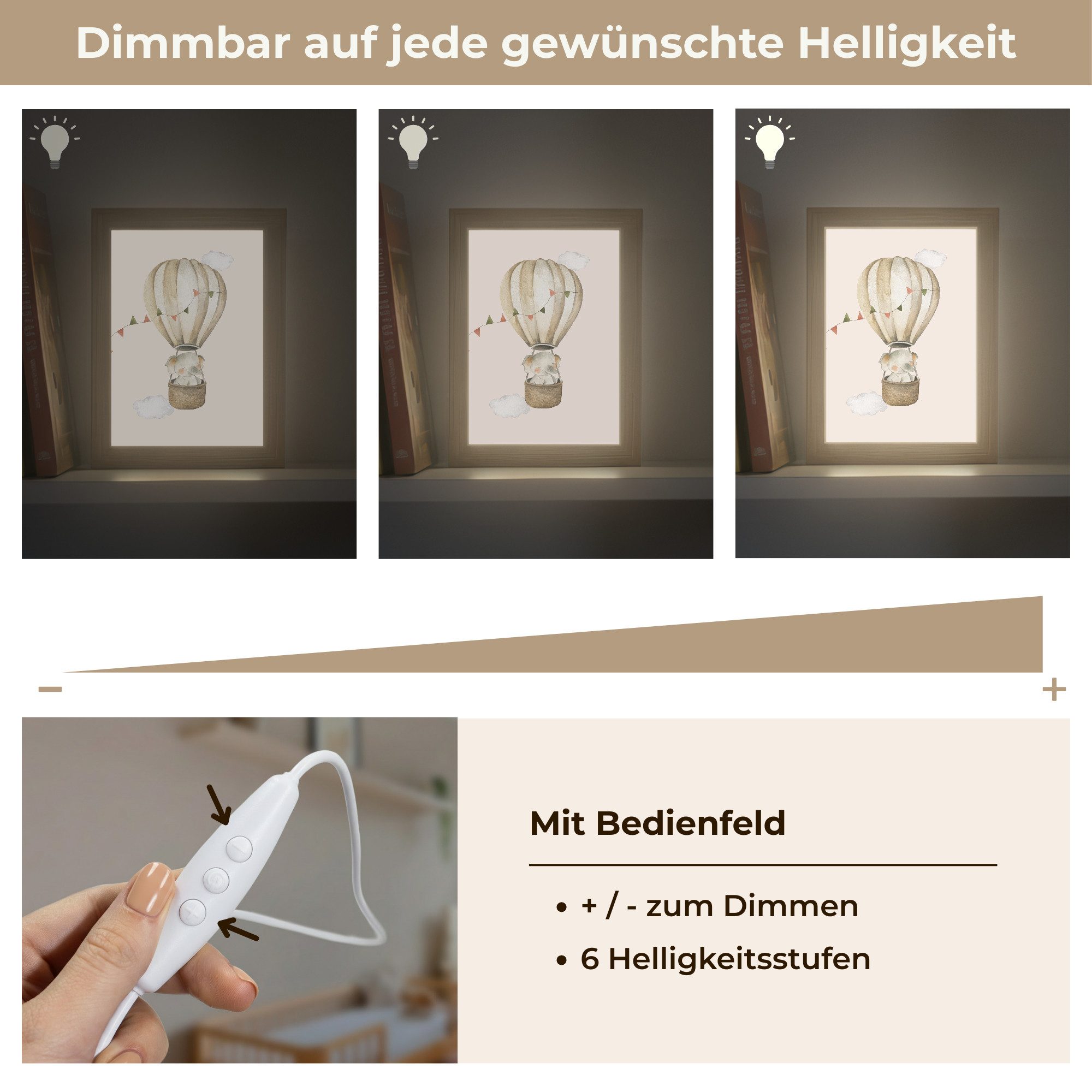 OnlyWow Nachttischlampe Lightbox Heißluftballon - Elefant - Aquarell - Beige - Tiere - Mädchen, Dimmbar, Farbwechsel, LED, Warmweiß, Kaltweiß, Neutralweiß Einst – Bild 5 von 5