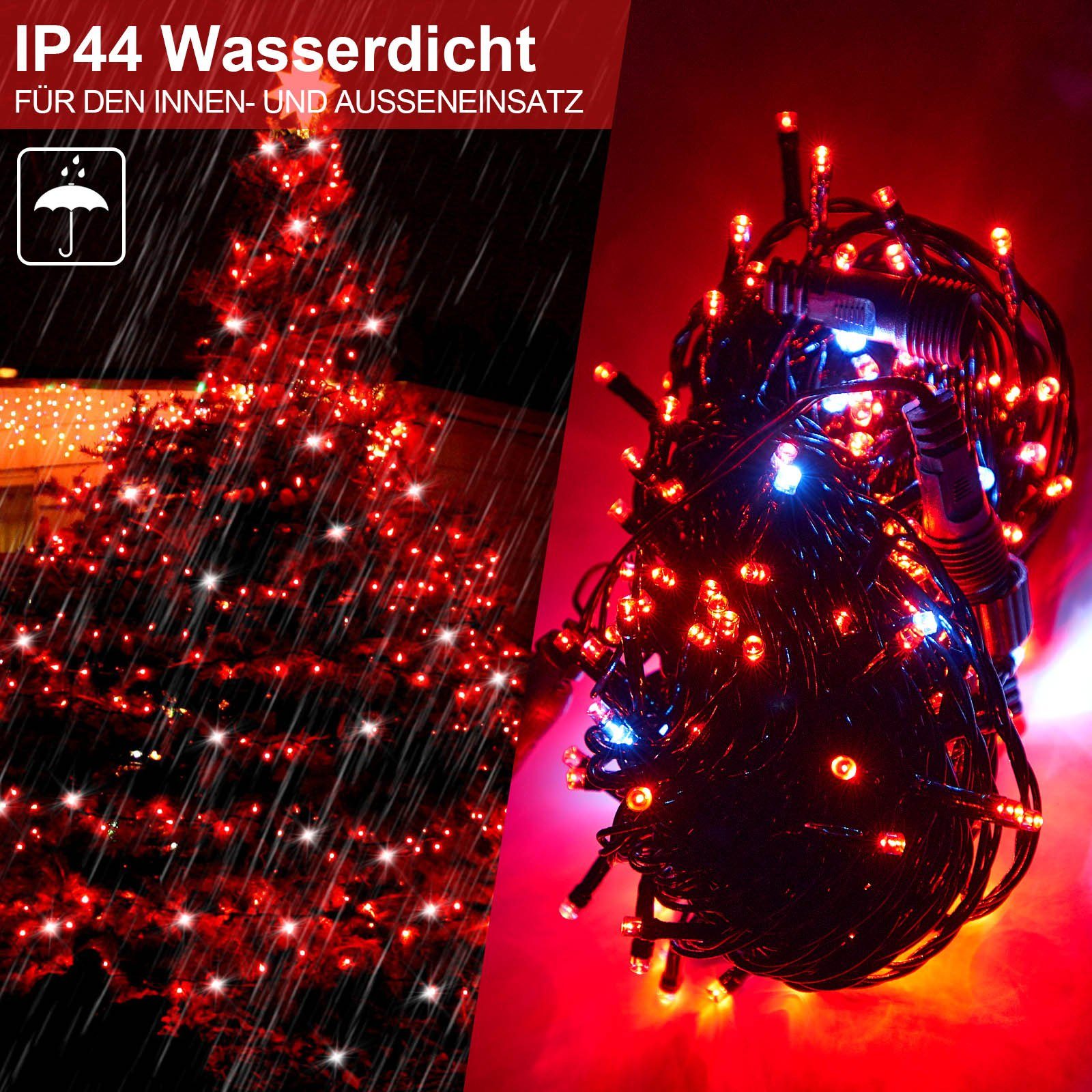Rosnek LED-Baummantel 20m LED 3M-Verlängerungskabel Weihnachten Innen Lichterkette Party Baum, mit Rot for Außen 156-flammig, Garten