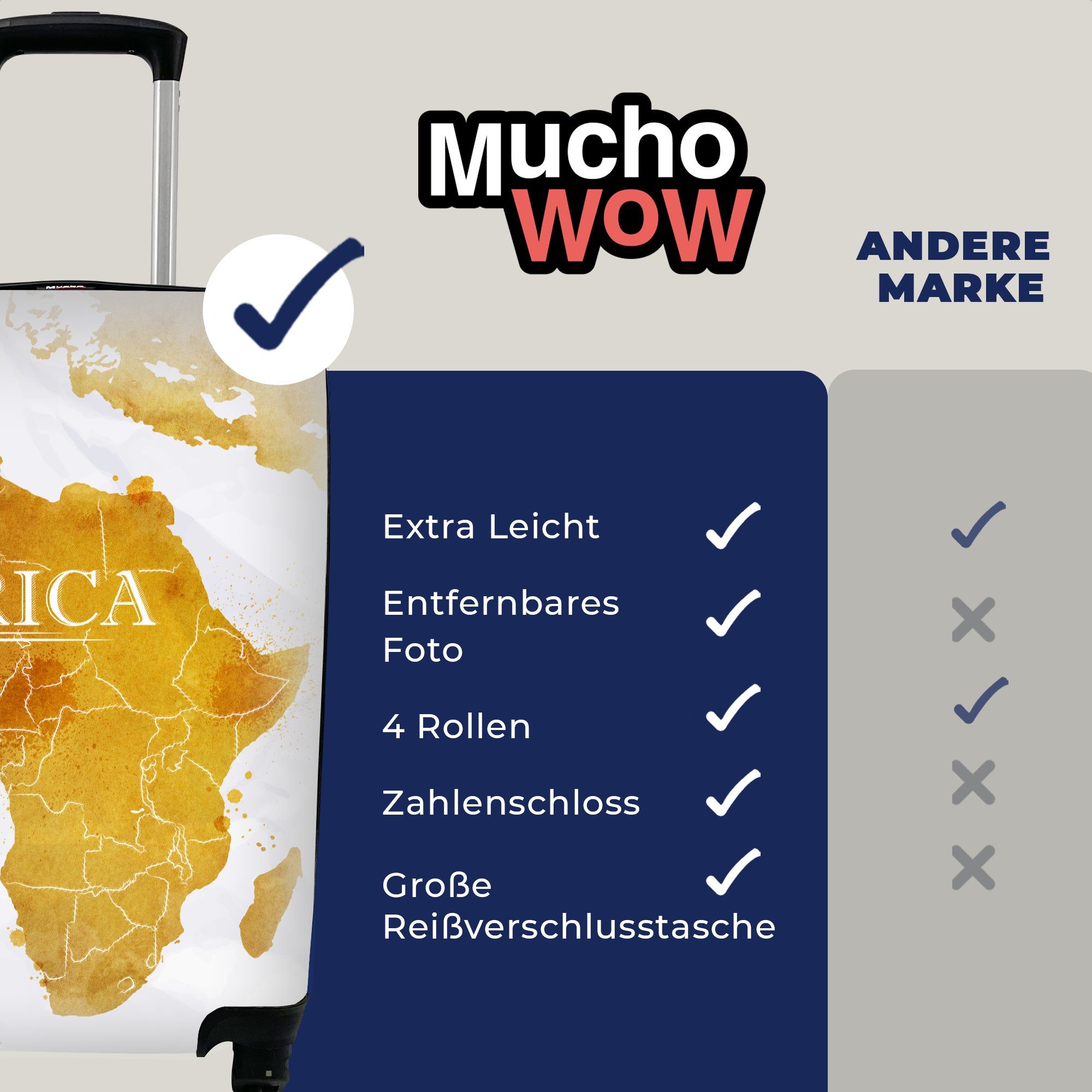 MuchoWow Handgepäckkoffer Weltkarte - Reisekoffer mit für - rollen, Afrika Gold, Trolley, 4 Ferien, Handgepäck Reisetasche Rollen