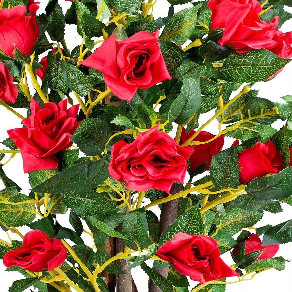 Künstliche Pflanze Rose Kunstpflanze Rosenstock Decovego Decovego, Echtholz Rosenbusch 120cm Rot