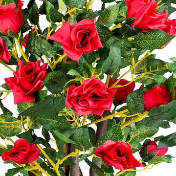 Kunstblume Rose Rosenbusch Rosenstock Künstliche Pflanze Rot Echtholz 120 cm, Decovego