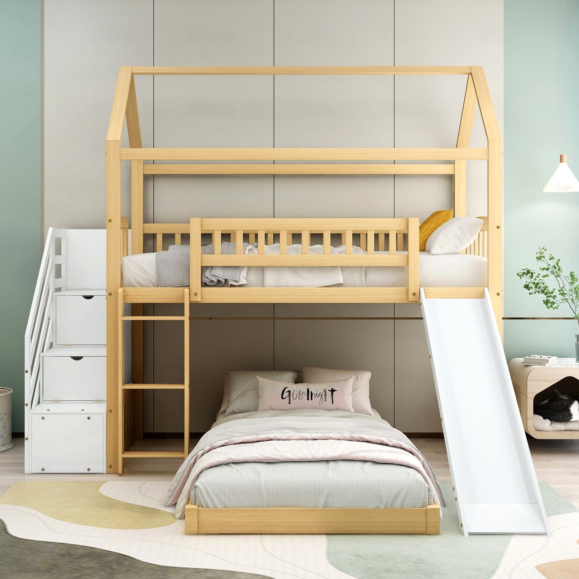 Ulife Etagenbett Kinderbett Hochbett mit Treppe, Leiter, Rutsche und Stauraum, 90 × 200 cm | Etagenbetten
