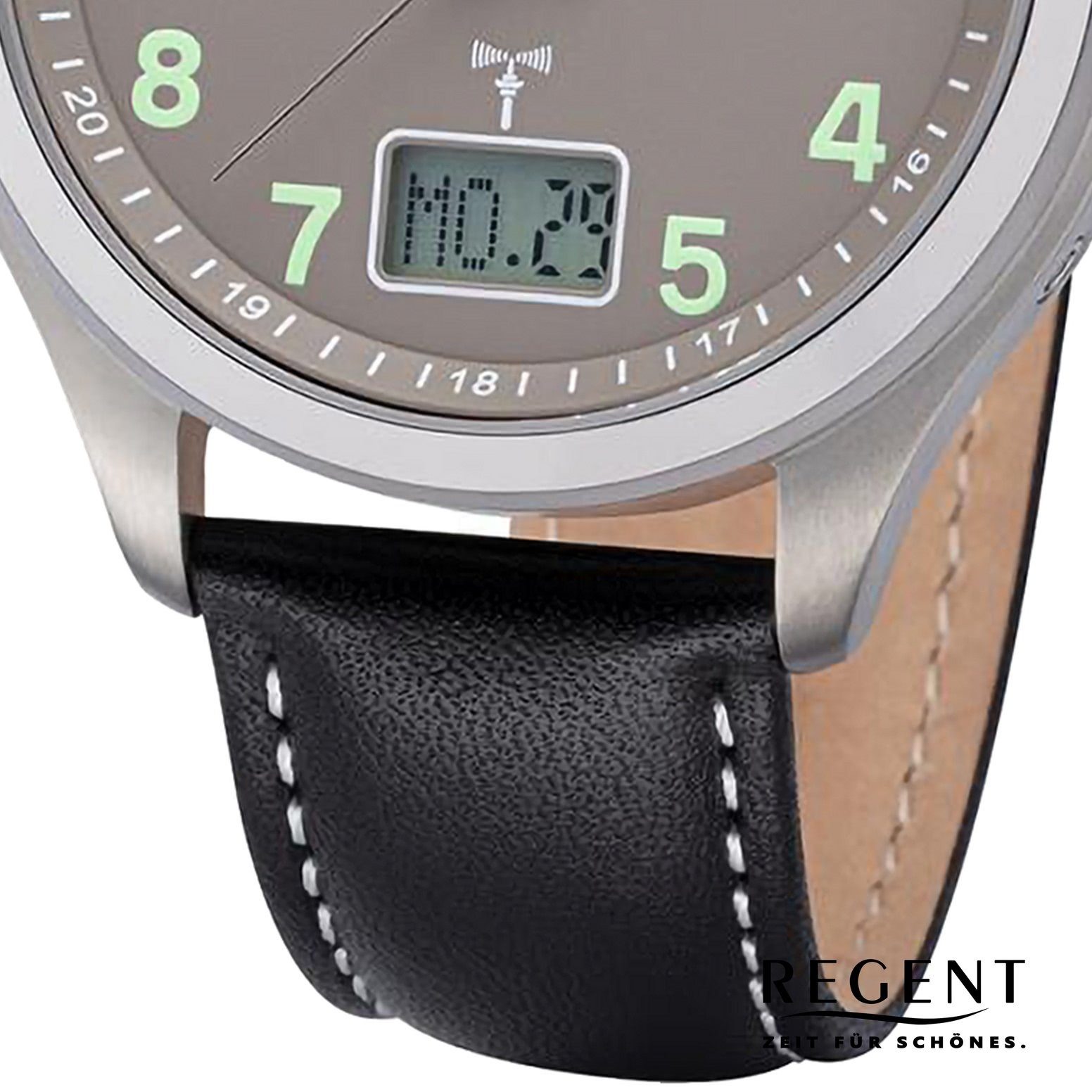 Regent Funkuhr Regent Herren Funkuhr Analog-Digital, (Funkuhr), Herren Funkuhr rund, extra groß (ca. 42mm), Lederarmband