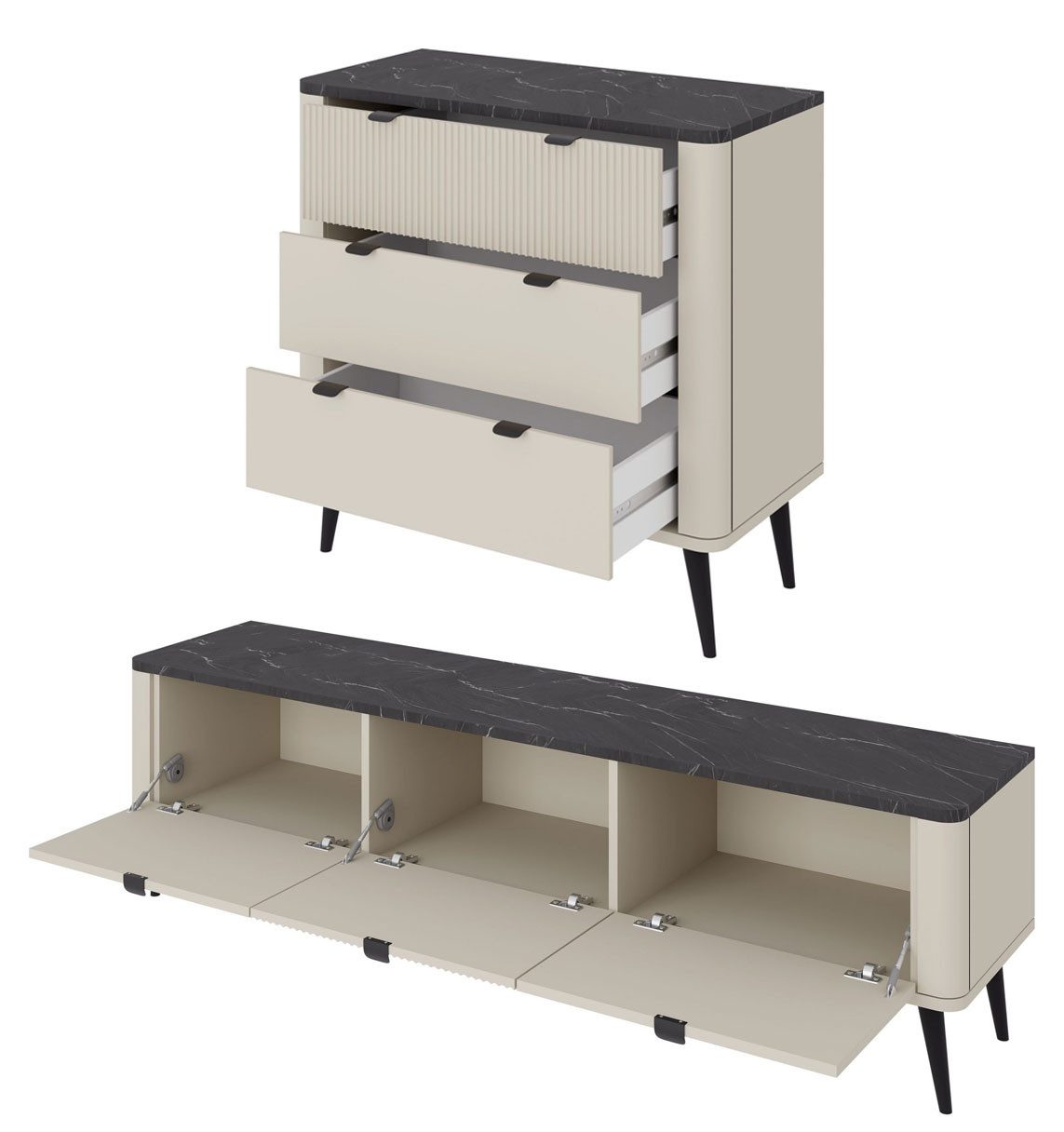 Feldmann-Wohnen Wohnwand Marly, (1 Kommode, 1 Lowboard, 2-St., moderne Optik, abgerundeter Korpus, Zugengriffe aus Metall), 2er-Set Wohnzimmermöbel Kaschmir / Graustein