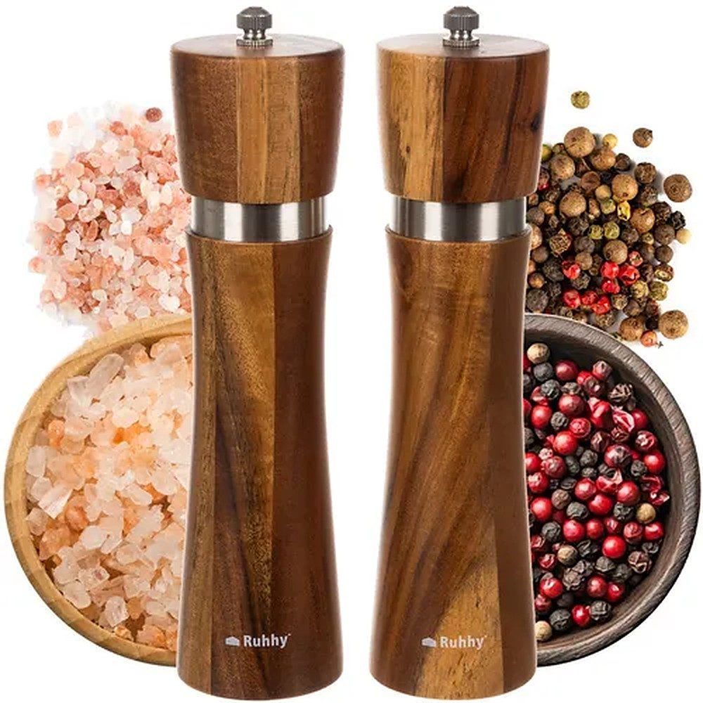 Ruhhy Gewürzmühle Salzmühle Pfeffermühle Holzmühle manuell, (2 Stück), Keramikmahlwerk, 60 ml, Mahlgrad einstellbar, 2er-Set