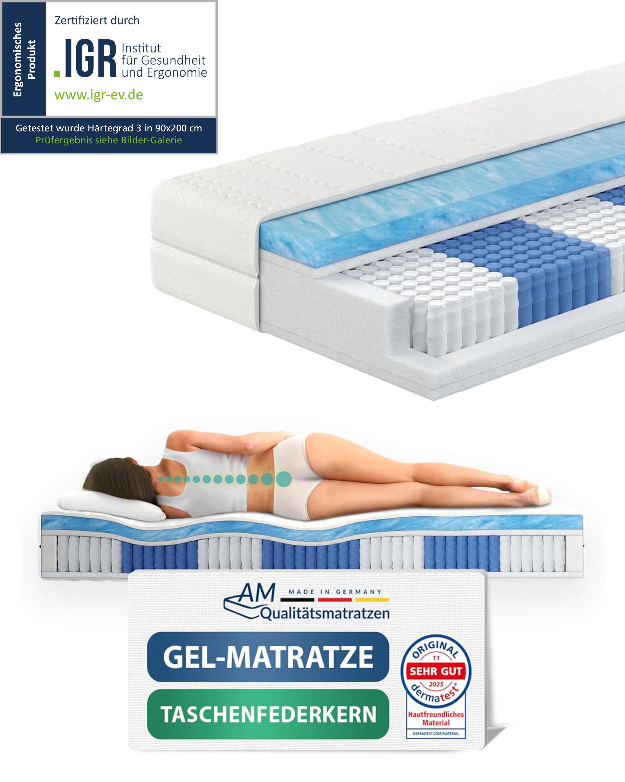 Taschenfederkernmatratze 1000 Federn, 7-Zonen Federkernmatratze, Memory Foam Gelschaum-Matratze, AM Qualitätsmatratzen, 24 cm hoch, 80x200 cm