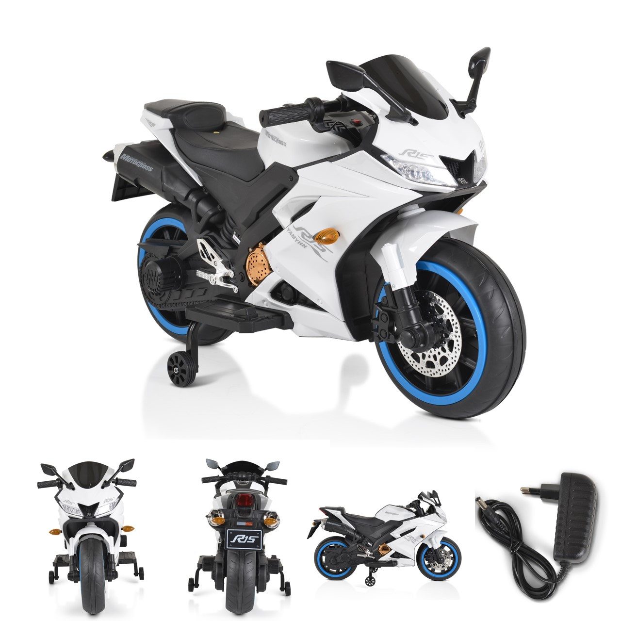 Moni Elektro-Kindermotorrad Elektromotorrad Motocross, Belastbarkeit 30 kg, MP3-Funktion Bluetooth Stützräder Lichter